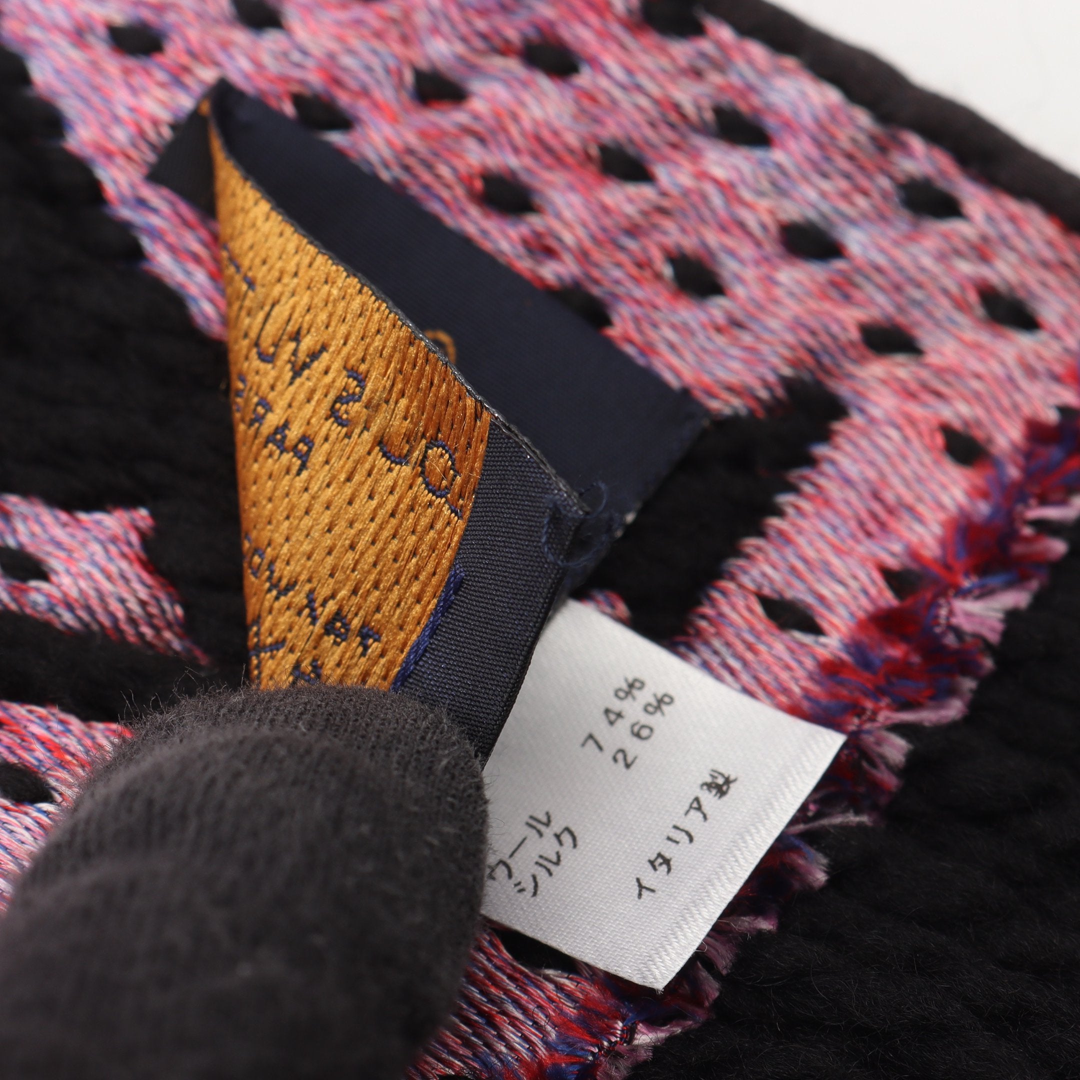 LOUIS VUITTON ロゴマフラー ブラック/ピンク/オレンジ エシャルプ ロゴマニア LVストーリーズ マフラー ウール シルク