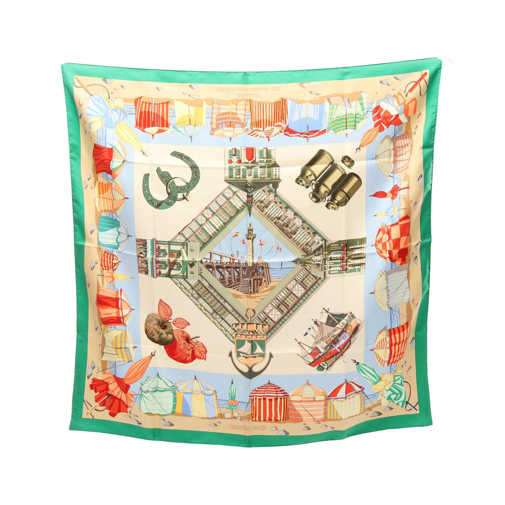 【極美品】HERMESカレ　CHARMES DESPLAGESNORMANDES カレ90 CHARMES DES PLAGES NORMANDES スカーフ シルク ベージュ