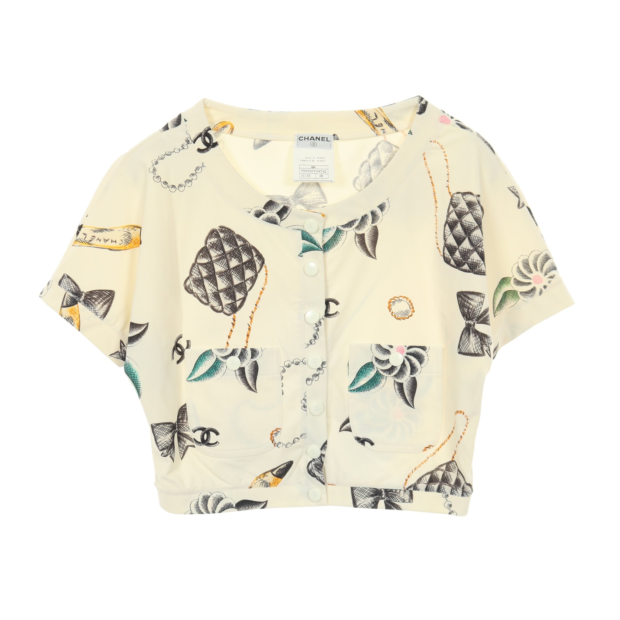 ココマークボタン クロップド丈 カーディガン 半袖 総柄 ナイロン オフ