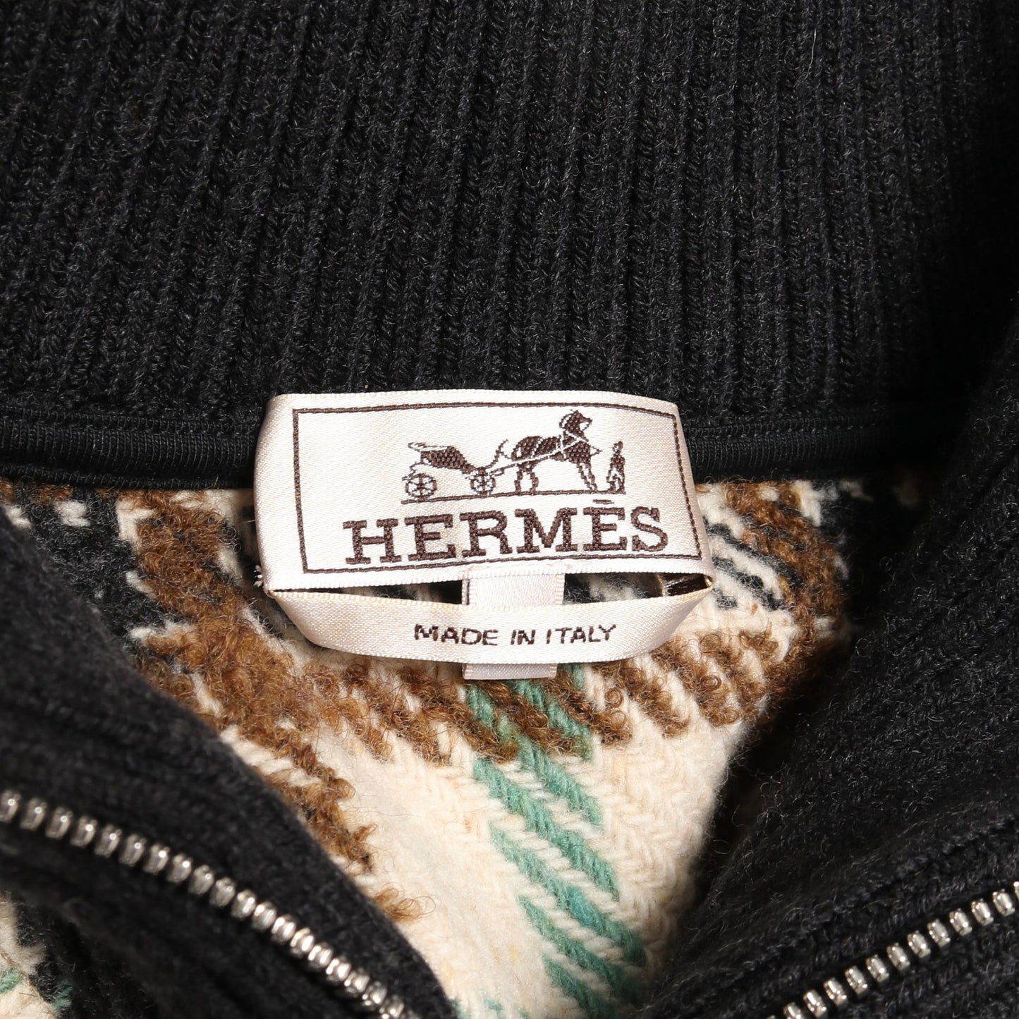 ニット ハーフジップ チェック ウール アイボリー ブラック マルチカラー エルメス トップス HERMES