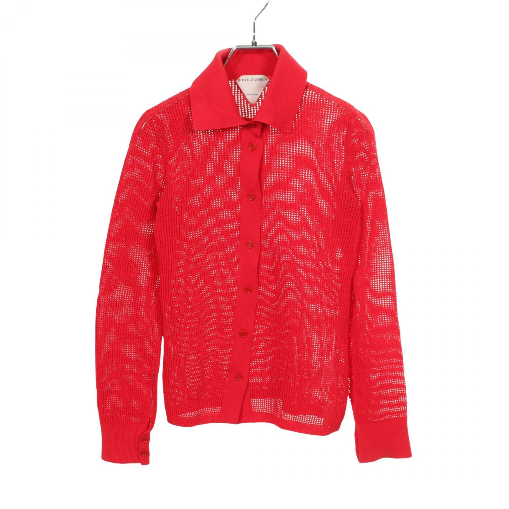 BOTTEGA VENETA コットン 長袖 カーディガン ピンク 36 メッシュ ニット シャツ カーディガン ナイロン コットン ピンクレッド