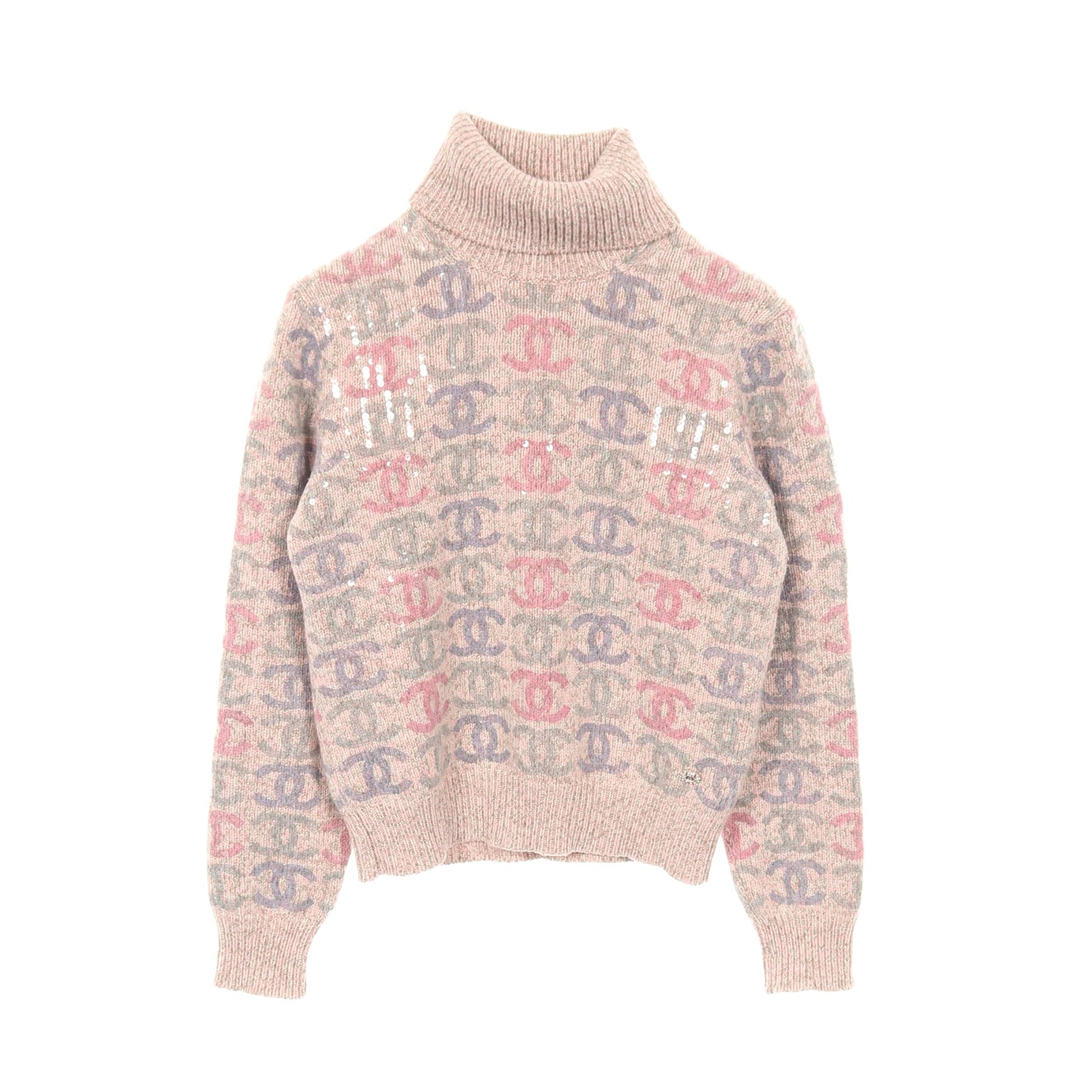 ココマーク スパンコール セーター ニット タートルネック カシミヤ ピンク マルチカラー シャネル トップス CHANEL