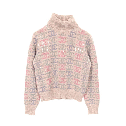 ココマーク スパンコール セーター ニット タートルネック カシミヤ ピンク マルチカラー シャネル トップス CHANEL