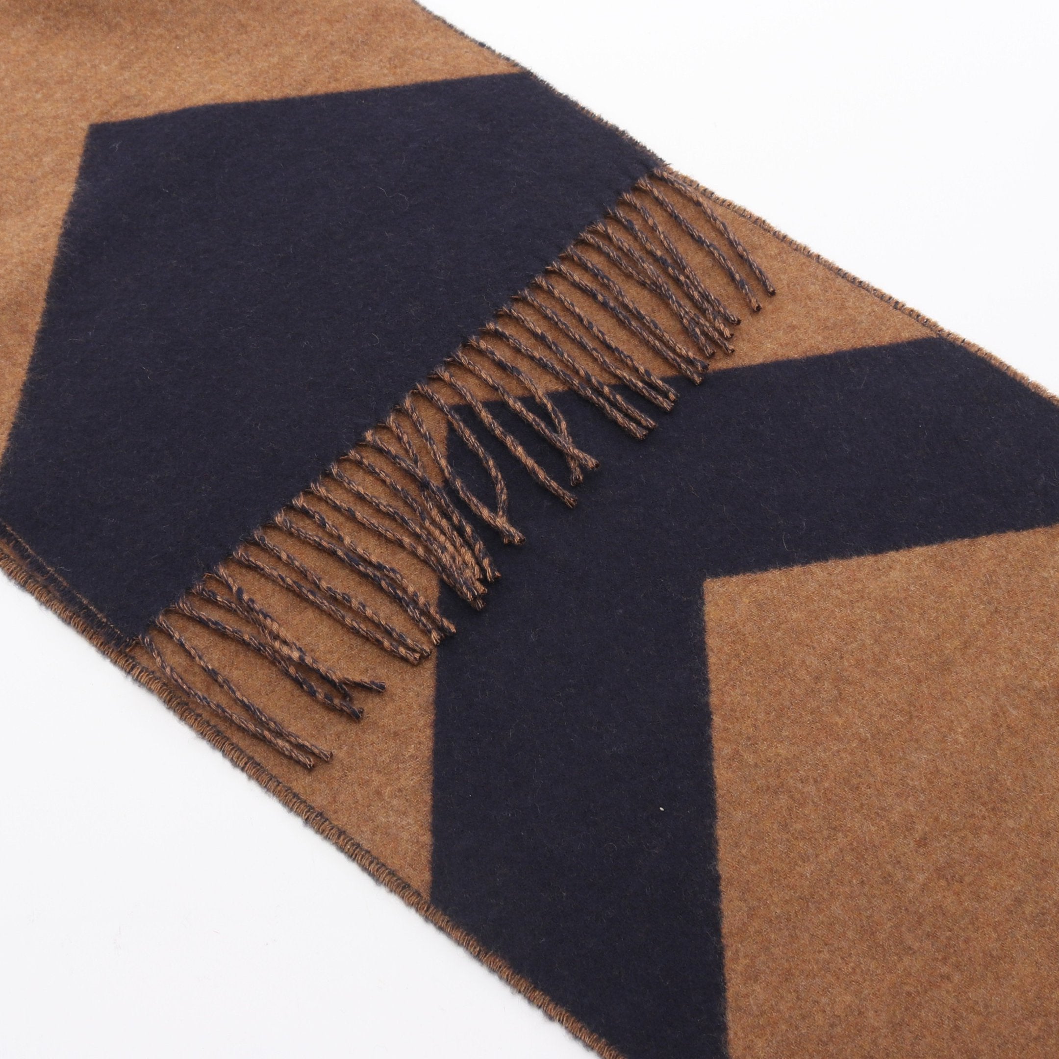 廃盤 希少 エルメス カシミヤ100H柄大判 マフラー帽子 ブラウン✖︎ネイビー カザック シェブロン マフラー カシミヤ ブラウン ネイビー エルメス