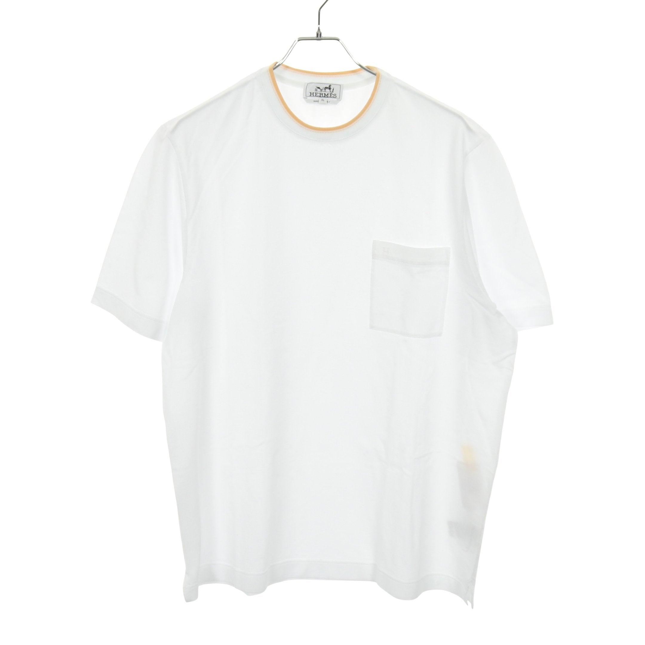 H刺繍 ポケット Tシャツ クルーネック 半袖 コットン ホワイト