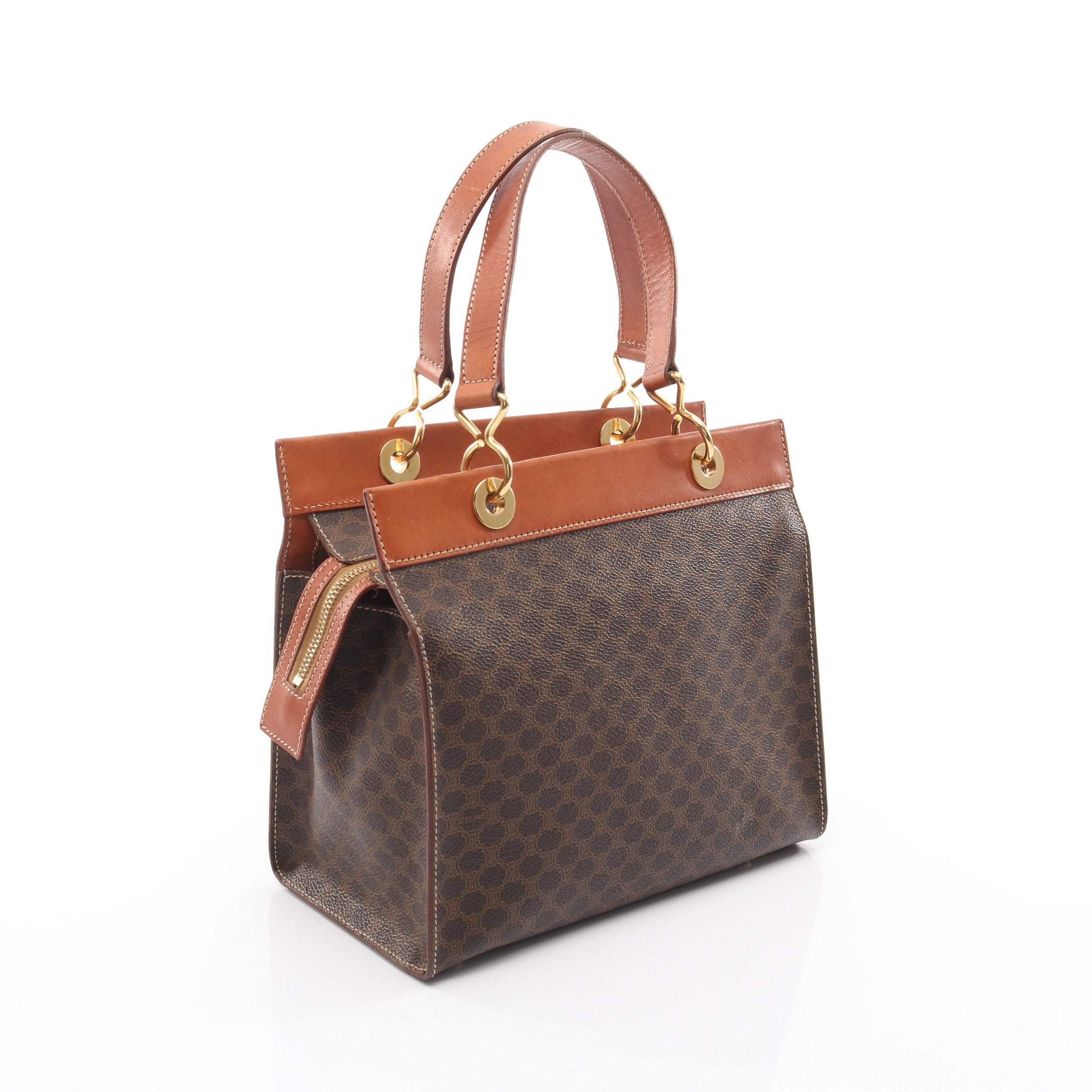 マカダム ハンドバッグ PVC レザー ダークブラウン ライトブラウン