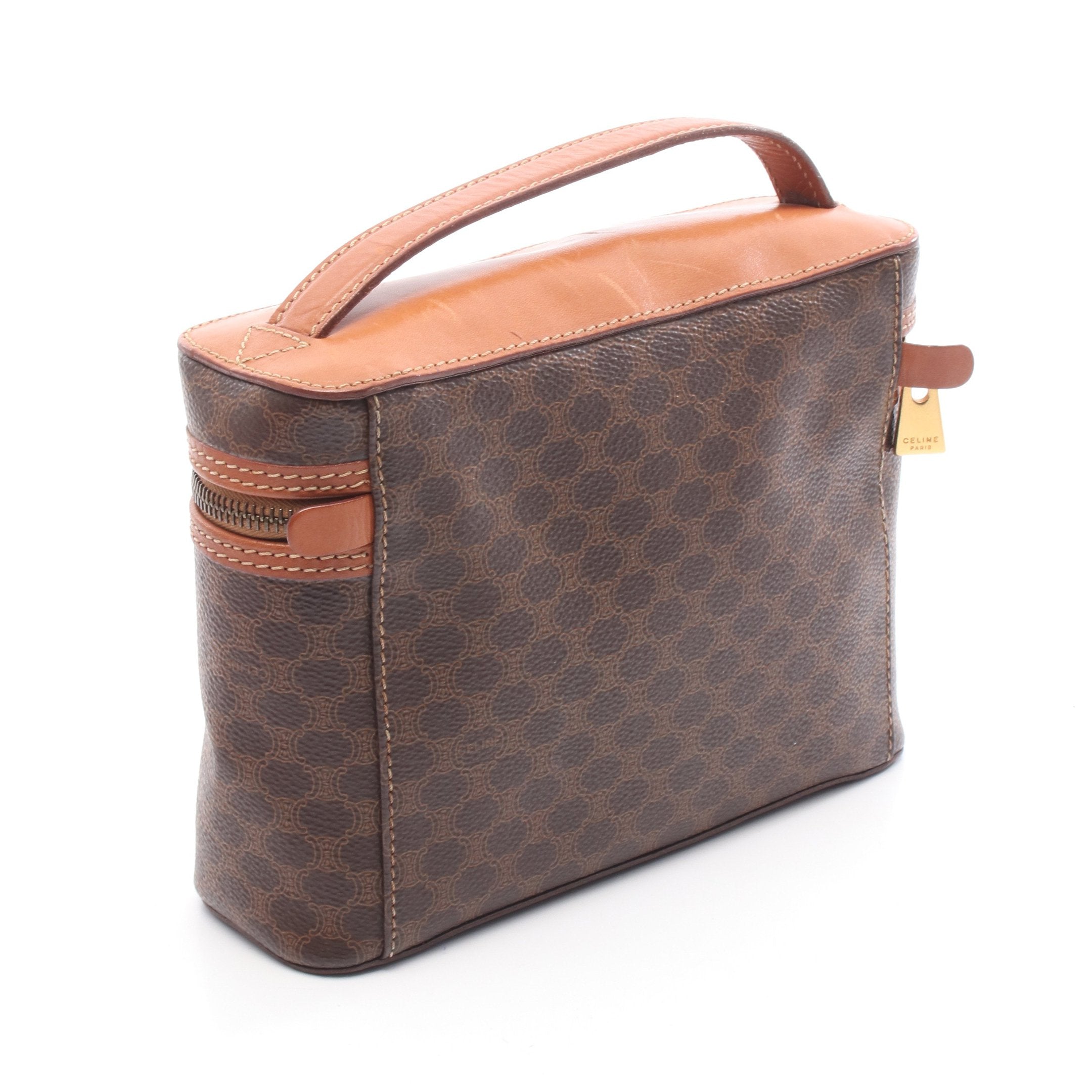 CELIENダークブラウン バニティー型 バッグ マカダム ハンドバッグ バニティバッグ PVC レザー ダークブラウン