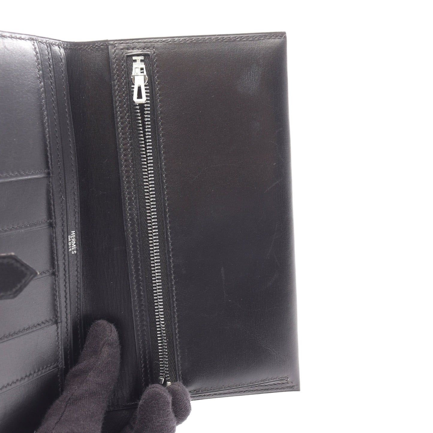 ベアンスフレ 二つ折り長財布 ボックスカーフ ブラック シルバー金具 □H刻印 エルメス 財布・小物 HERMES