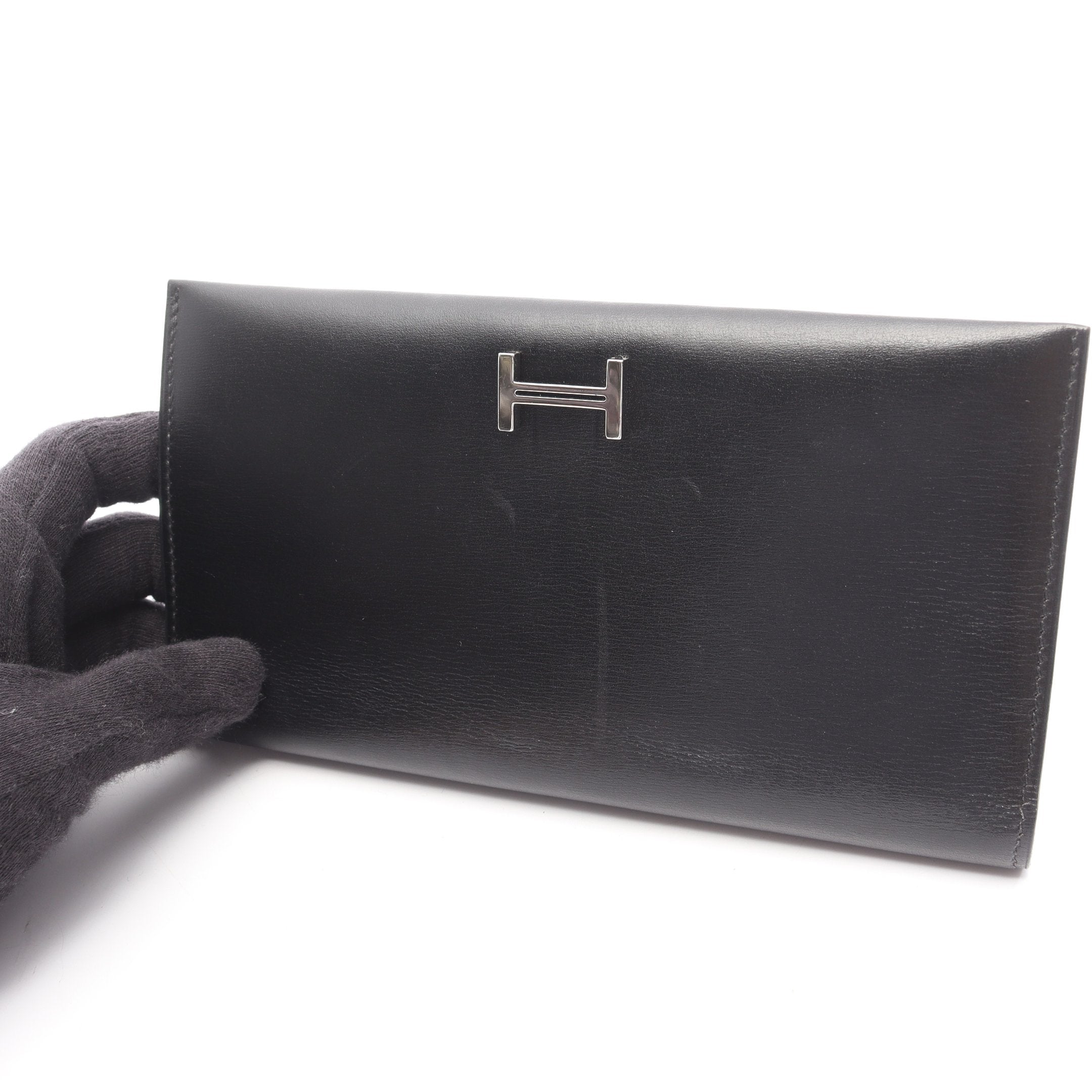 ベアンスフレ 二つ折り長財布 ボックスカーフ ブラック シルバー金具