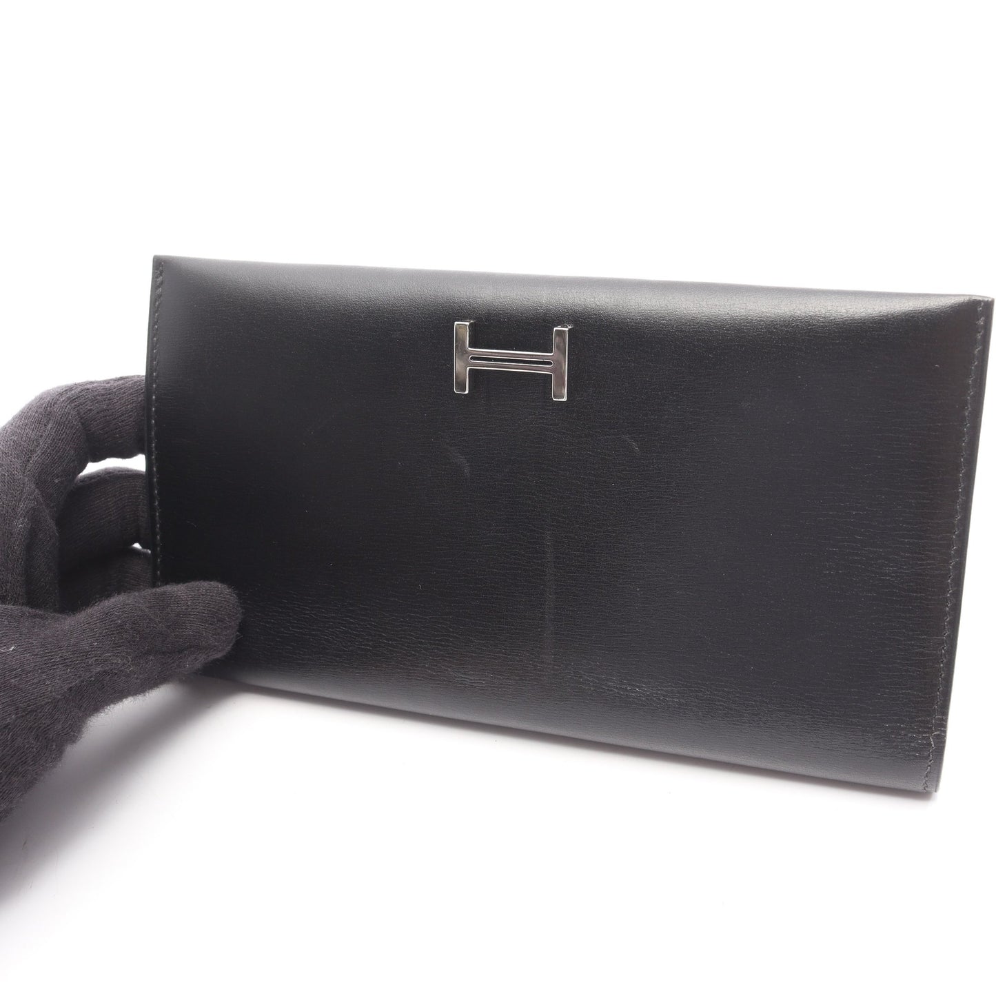 ベアンスフレ 二つ折り長財布 ボックスカーフ ブラック シルバー金具 □H刻印 エルメス 財布・小物 HERMES