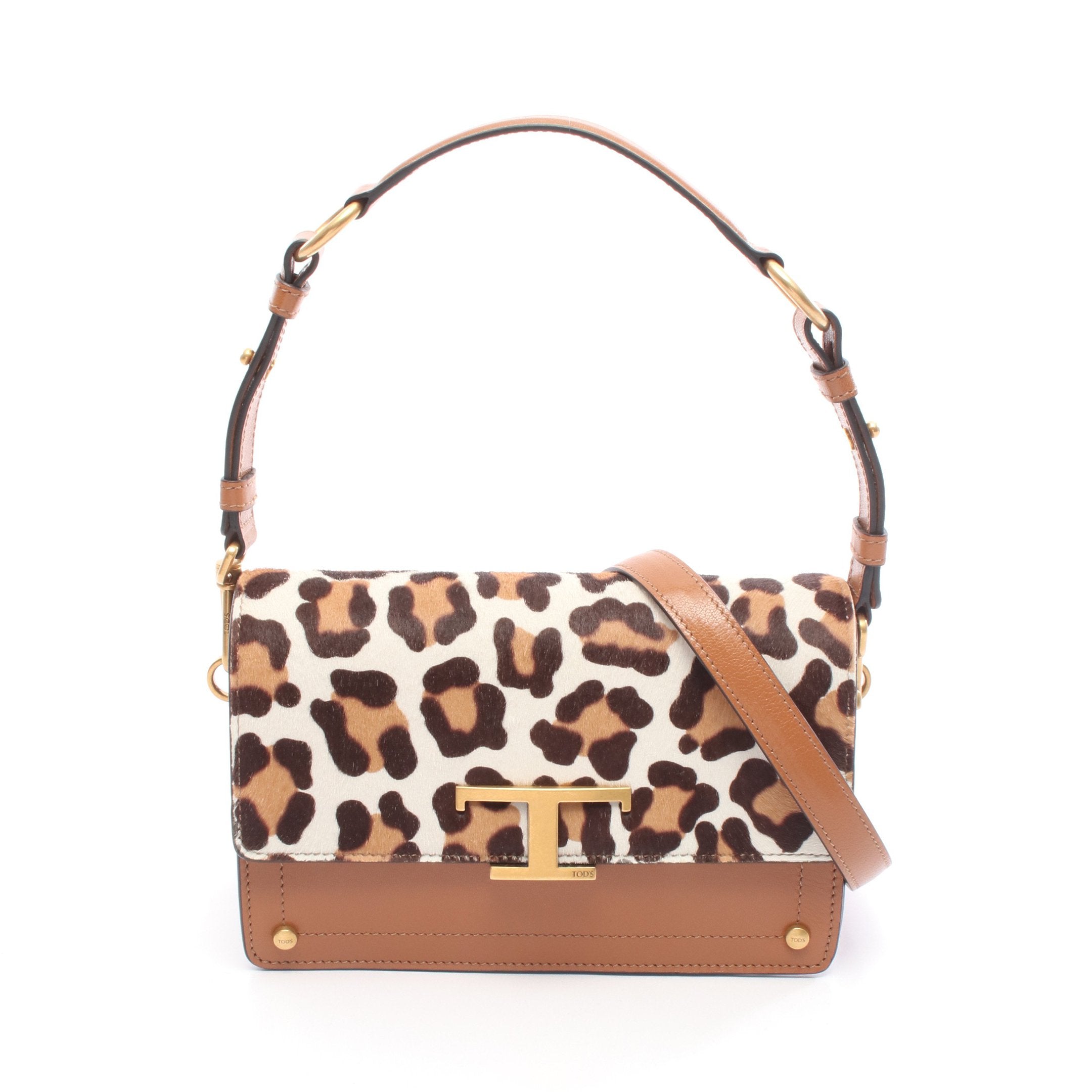 Tタイムレス ショルダーバッグ レオパード柄 ハラコ レザー ブラウン