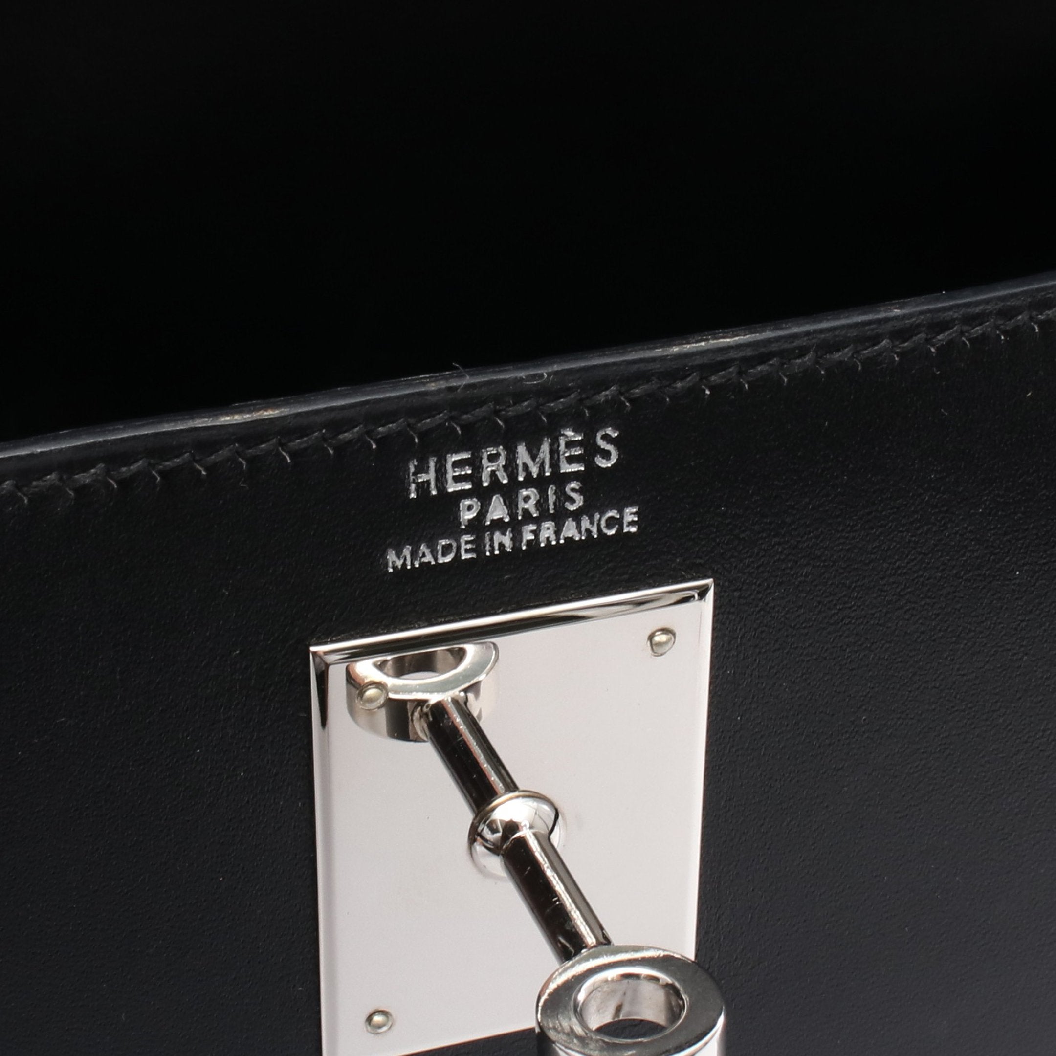 ケリー32 ハンドバッグ ボックスカーフ ブラック シルバー金具 外縫い