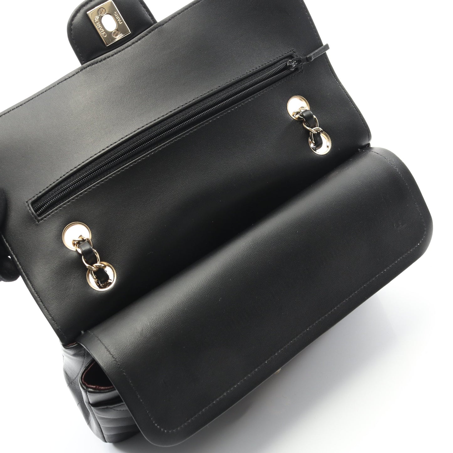 シェブロン Vステッチ Wフラップ Wチェーンショルダーバッグ ラムスキン ブラック ゴールド金具 シャネル バッグ CHANEL