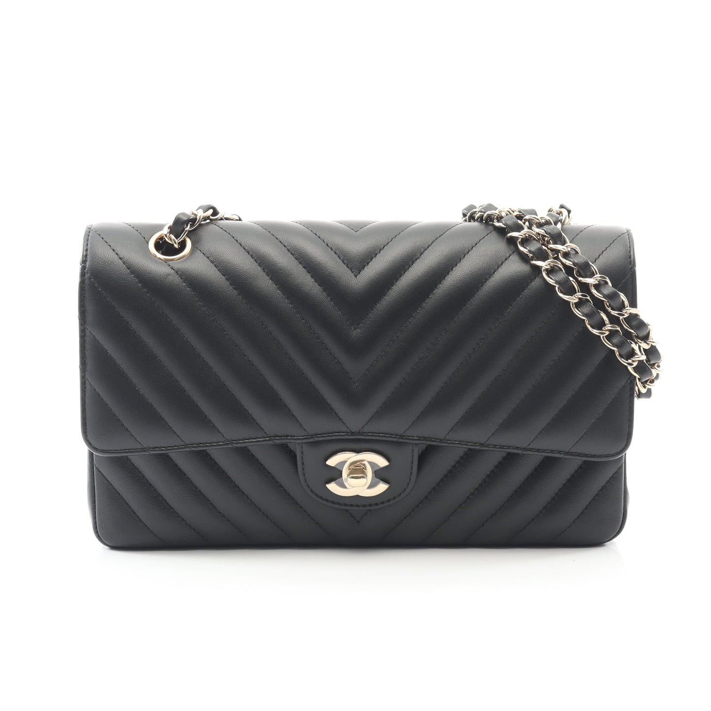 シェブロン Vステッチ Wフラップ Wチェーンショルダーバッグ ラムスキン ブラック ゴールド金具 シャネル バッグ CHANEL