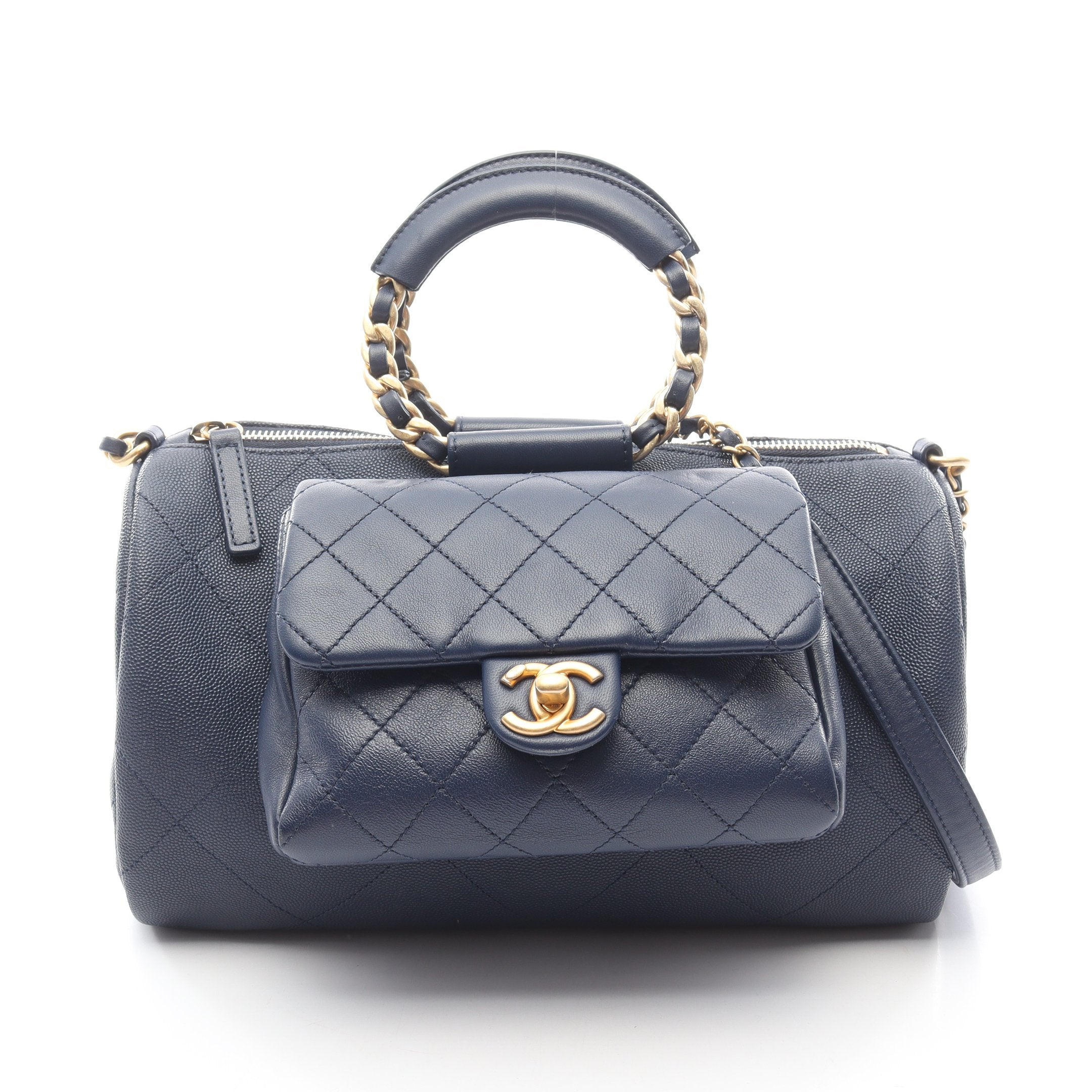 マトラッセ チェーンショルダーバッグ キャビアスキン ネイビー