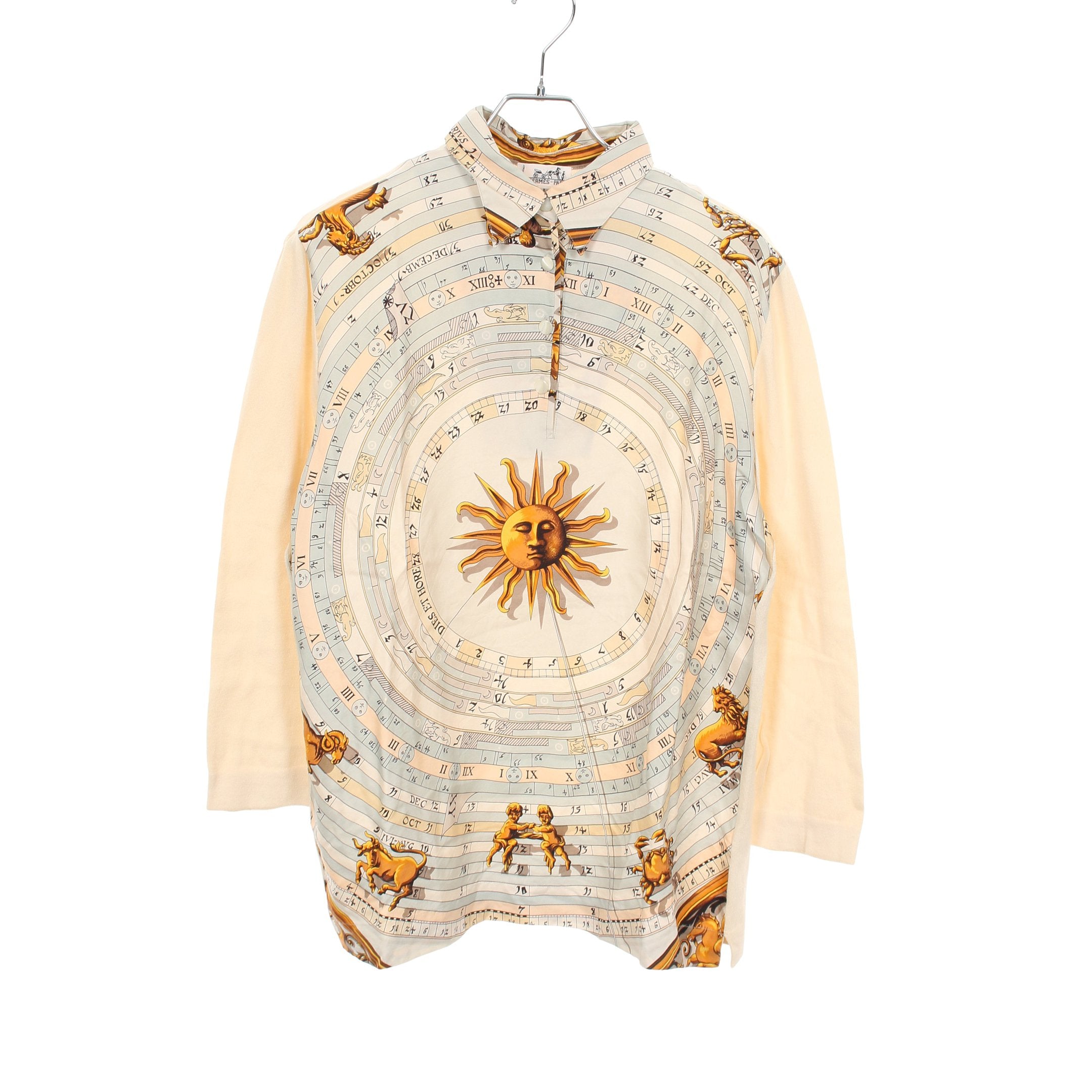 HERMES エルメス シルク×コットン 総柄 半袖ポロシャツ S レディース HERMES DIES ET HORE ポロシャツ シルク コットン ウール アイボリー