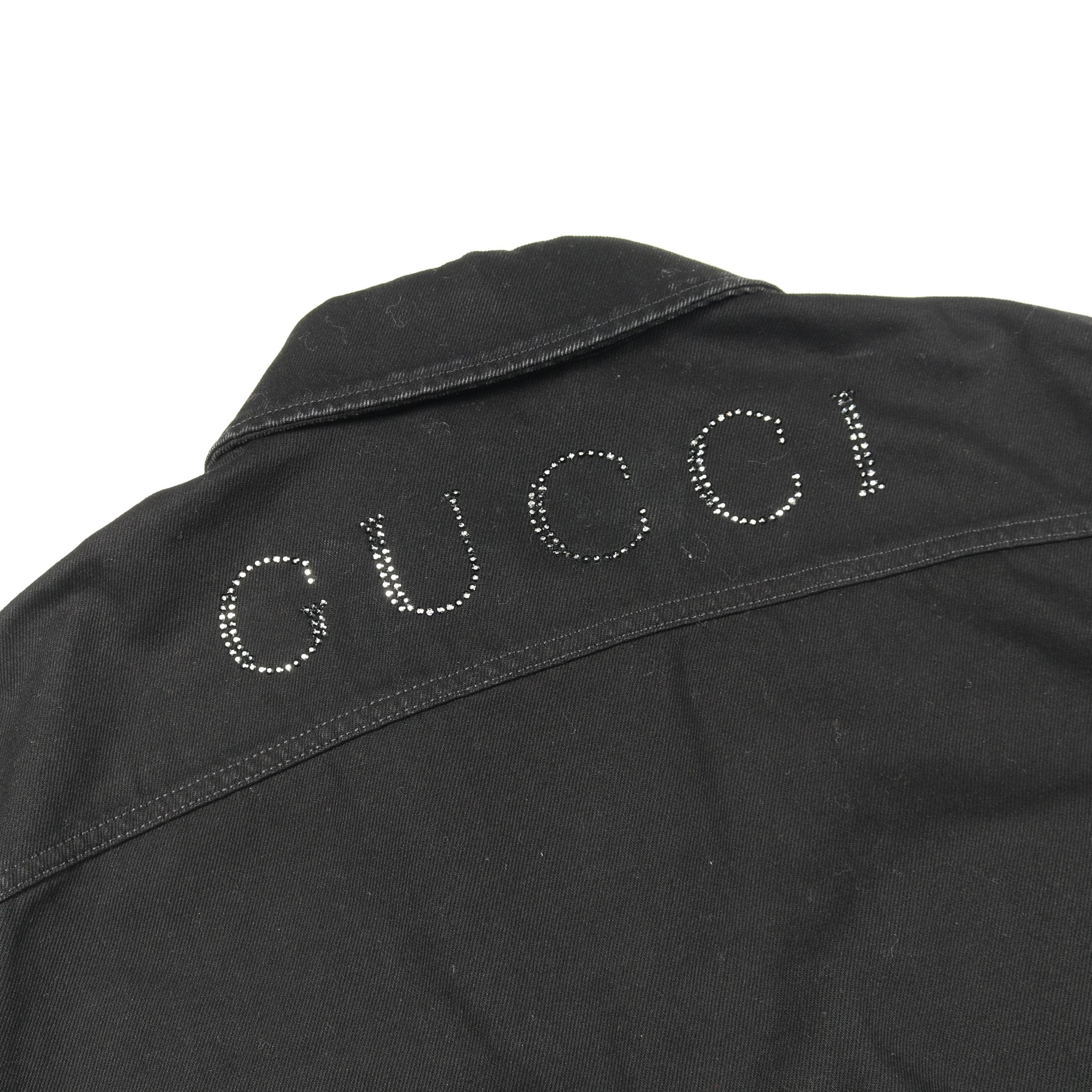 グッチ コットン デニム ジャケット 38 ブラック GUCCI ラインストーンロゴ ジップアップ デニムジャケット コットン ブラック
