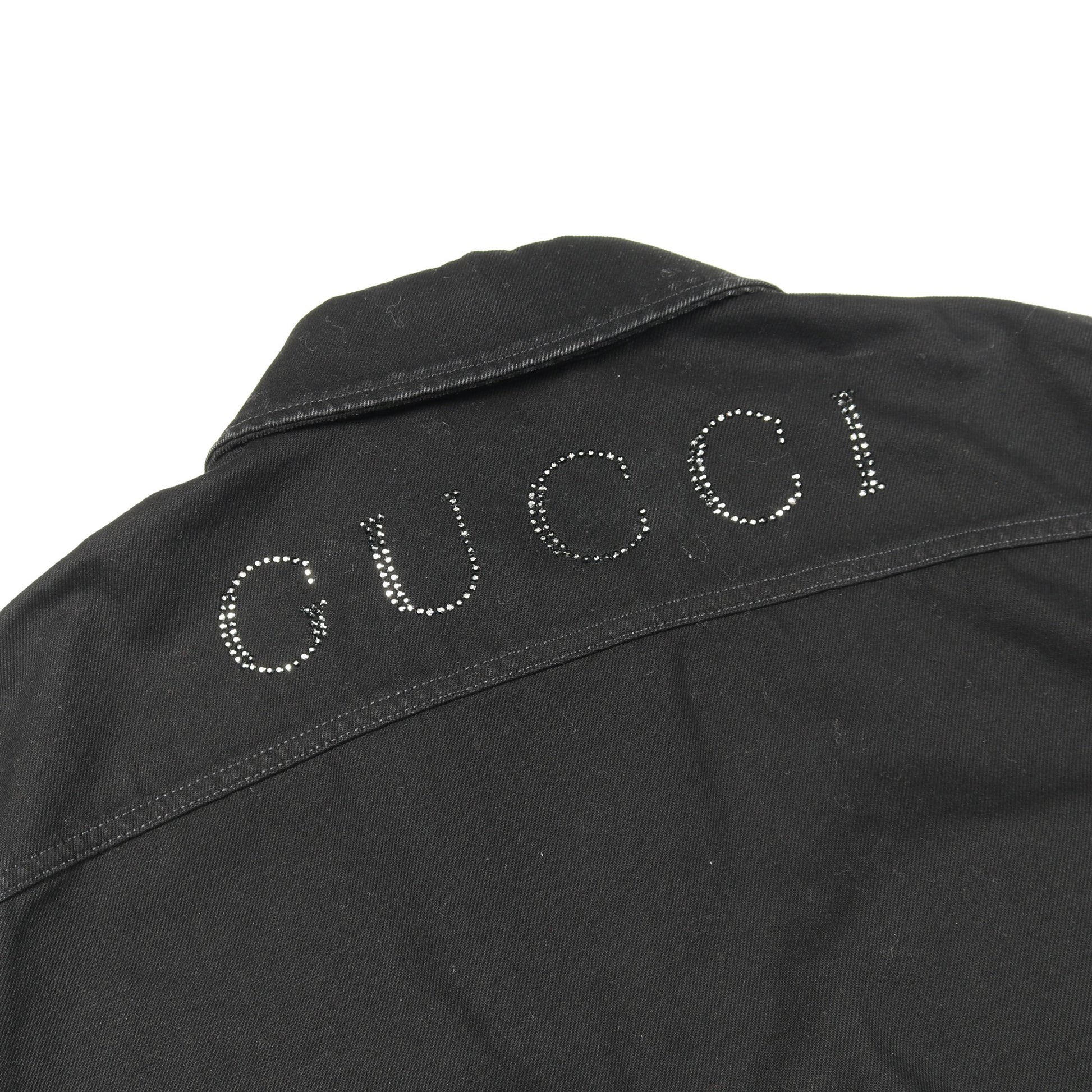 ラインストーンロゴ ジップアップ デニムジャケット コットン ブラック グッチ アウター GUCCI