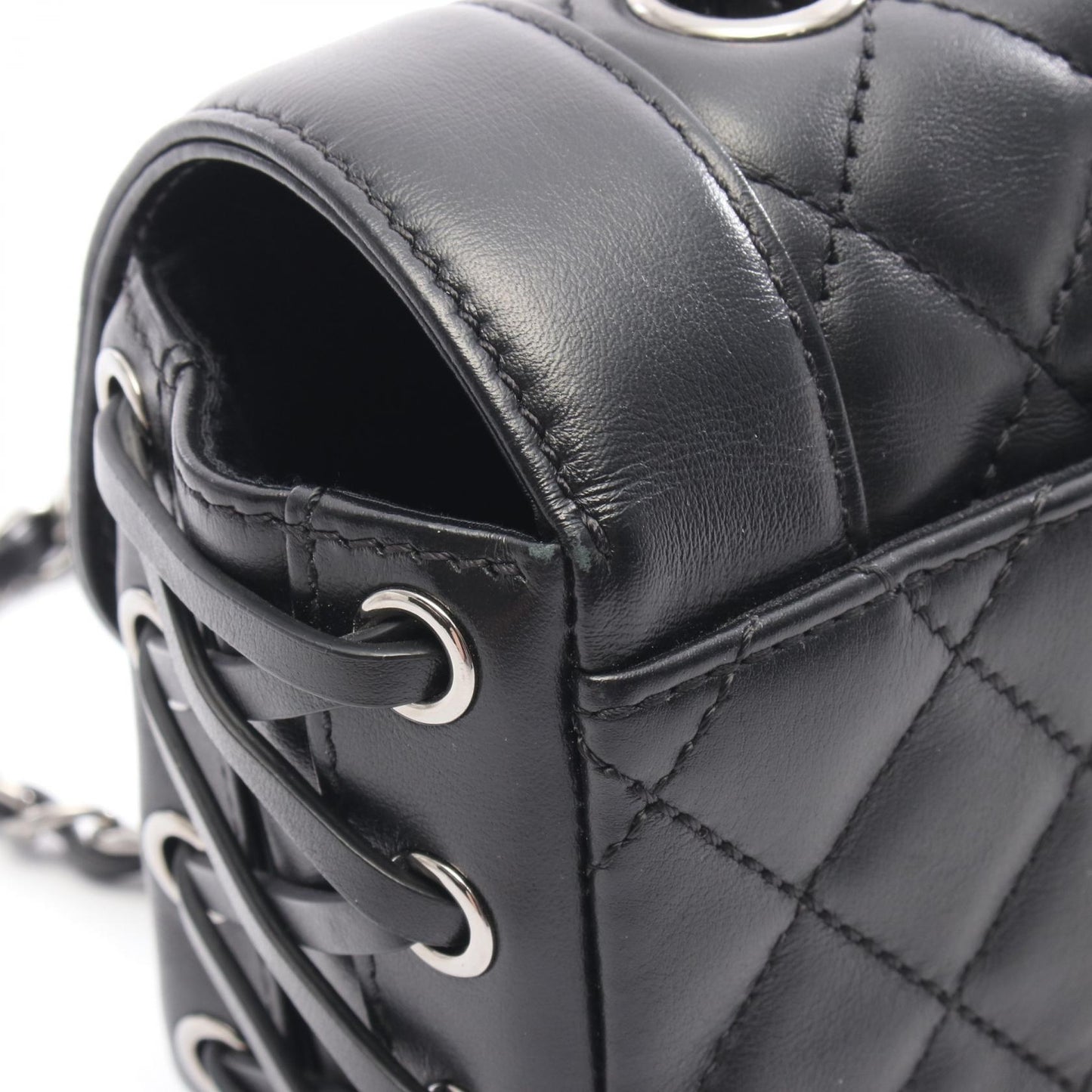 マトラッセ チェーンショルダーバッグ レースアップ レザー ブラック シルバー金具 シャネル バッグ CHANEL