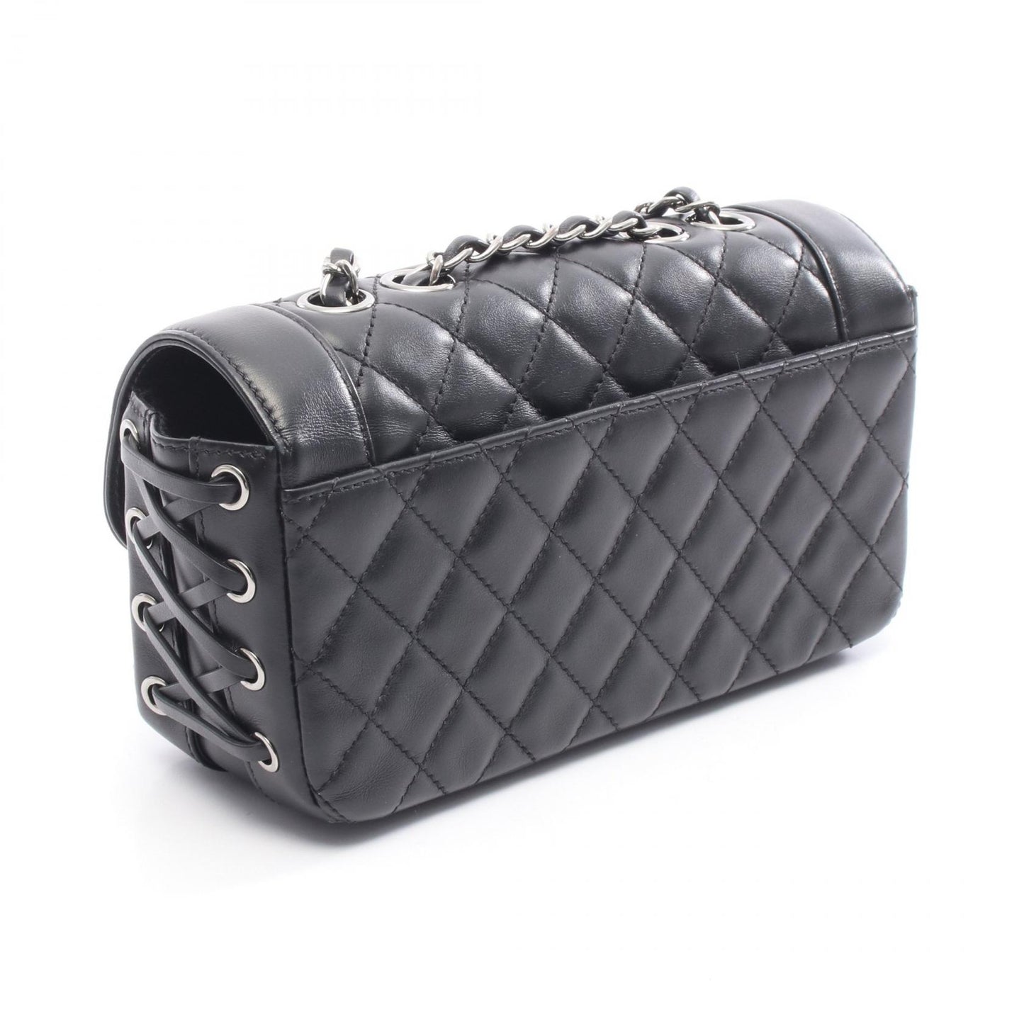 マトラッセ チェーンショルダーバッグ レースアップ レザー ブラック シルバー金具 シャネル バッグ CHANEL