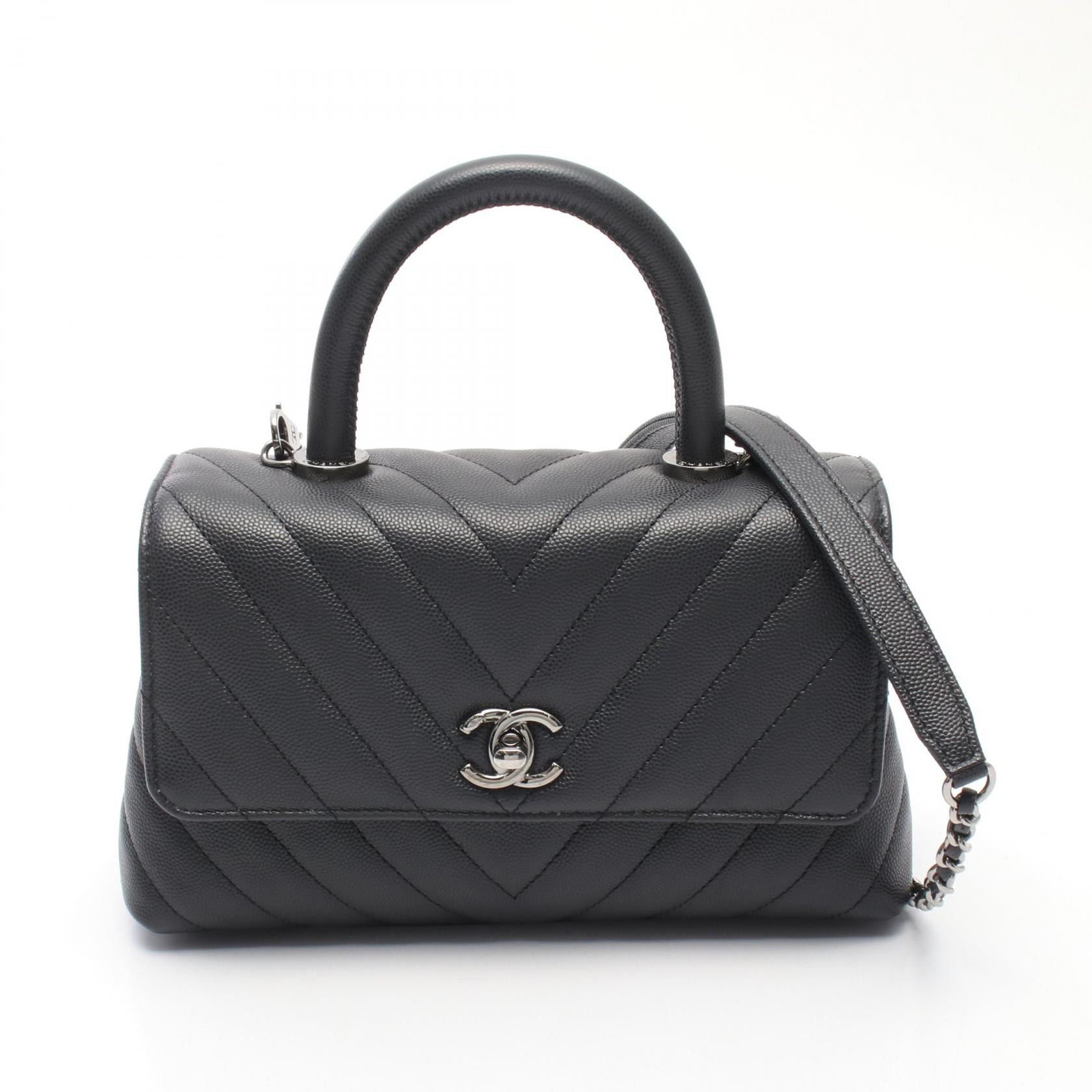 ココハンドル フラップ マトラッセ ハンドバッグ キャビアスキン ダークグレー シルバー金具 2WAY シャネル バッグ CHANEL