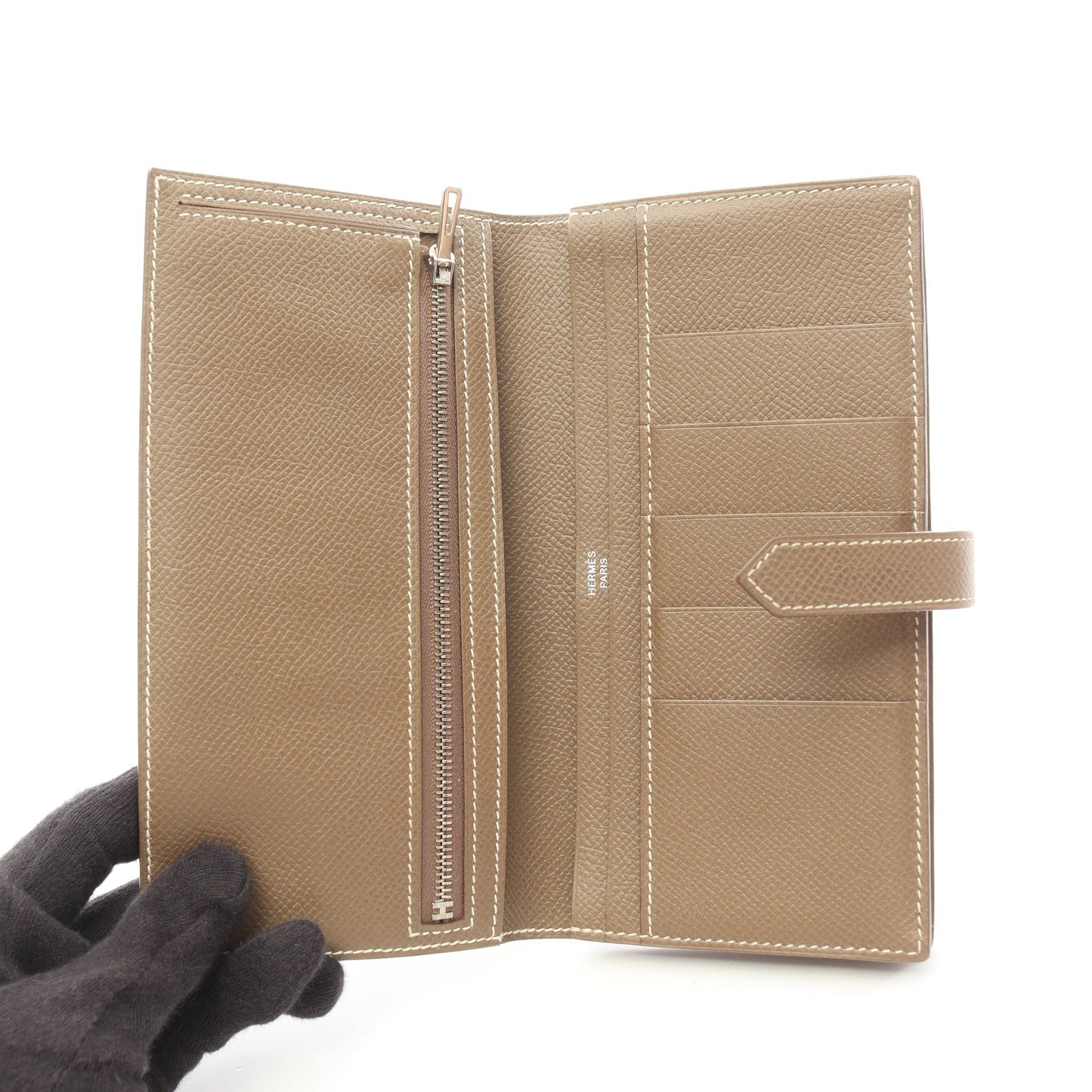 ベアンスフレ エトゥープ 二つ折り長財布 ヴォーエプソン グレーブラウン シルバー金具 X刻印 エルメス 財布・小物 HERMES