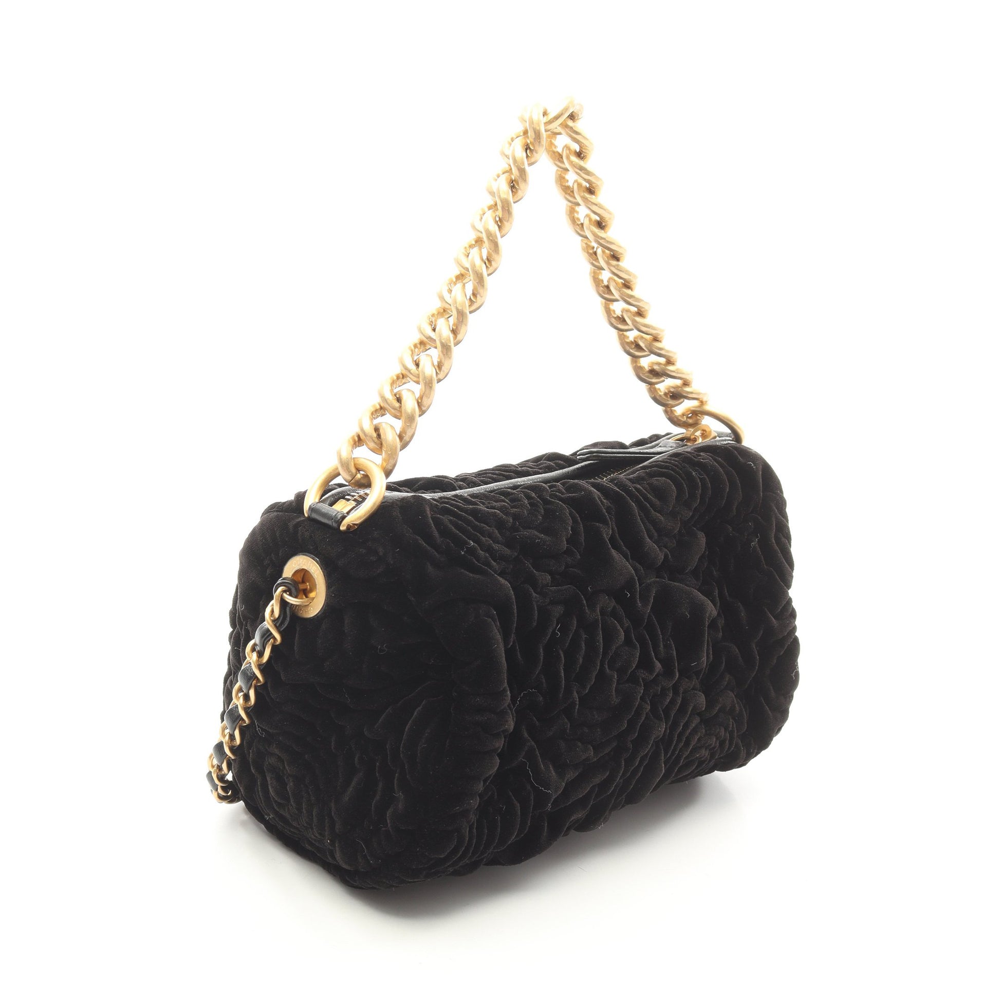 カメリア チェーンショルダーバッグ ベロア ブラック ゴールド金具 2WAY シャネル バッグ CHANEL