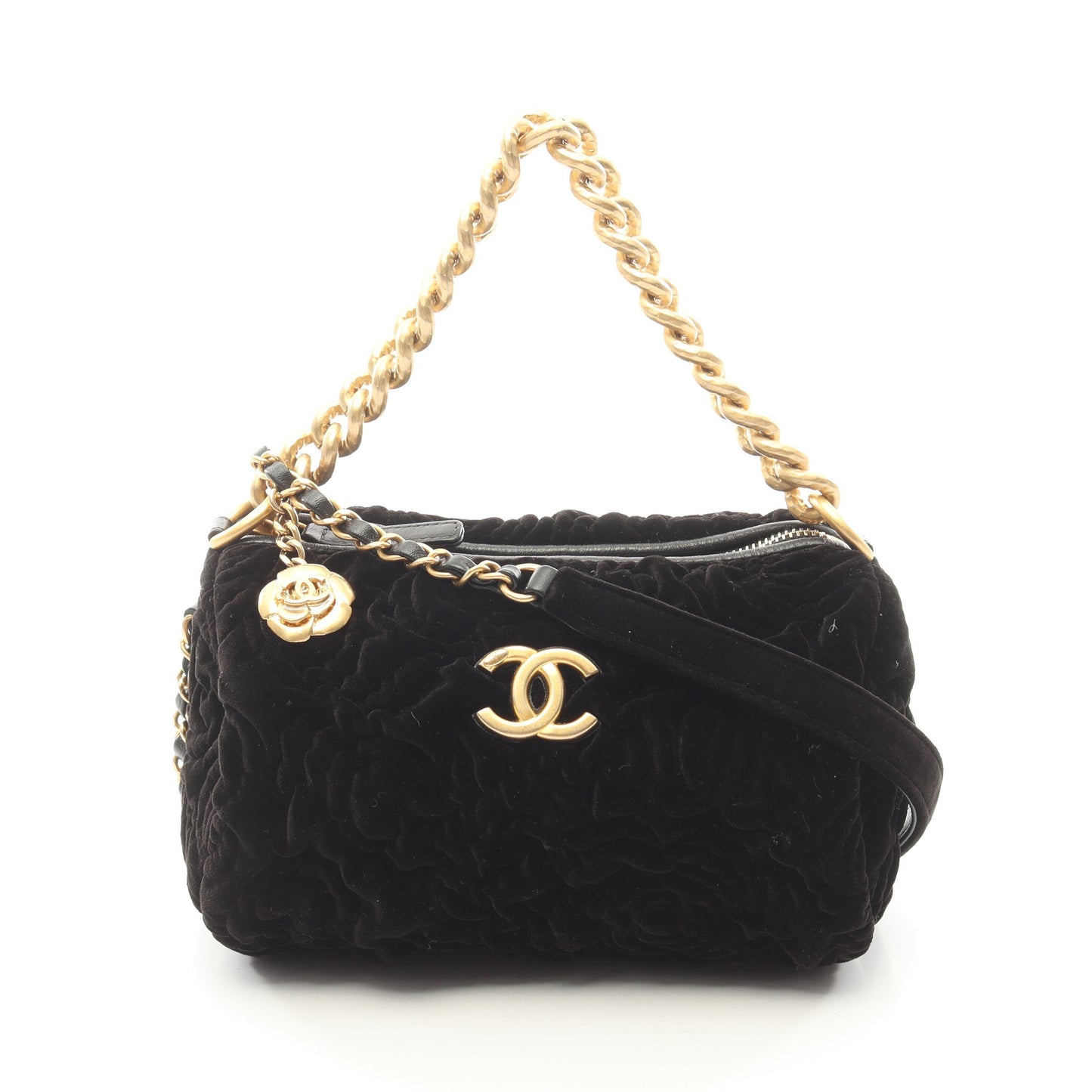 カメリア チェーンショルダーバッグ ベロア ブラック ゴールド金具 2WAY シャネル バッグ CHANEL