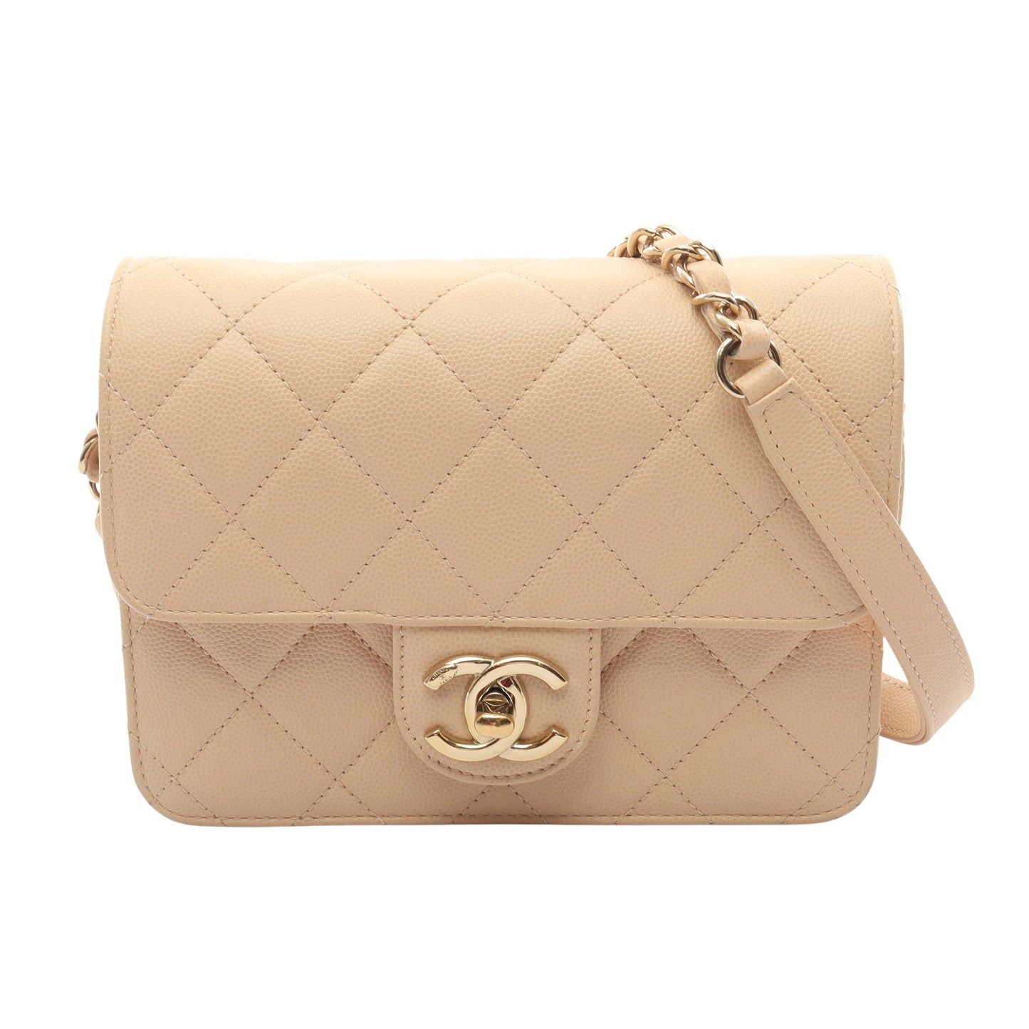 マトラッセ ミニフラップ チェーンショルダーバッグ キャビアスキン ベージュ ゴールド金具 シャネル バッグ CHANEL