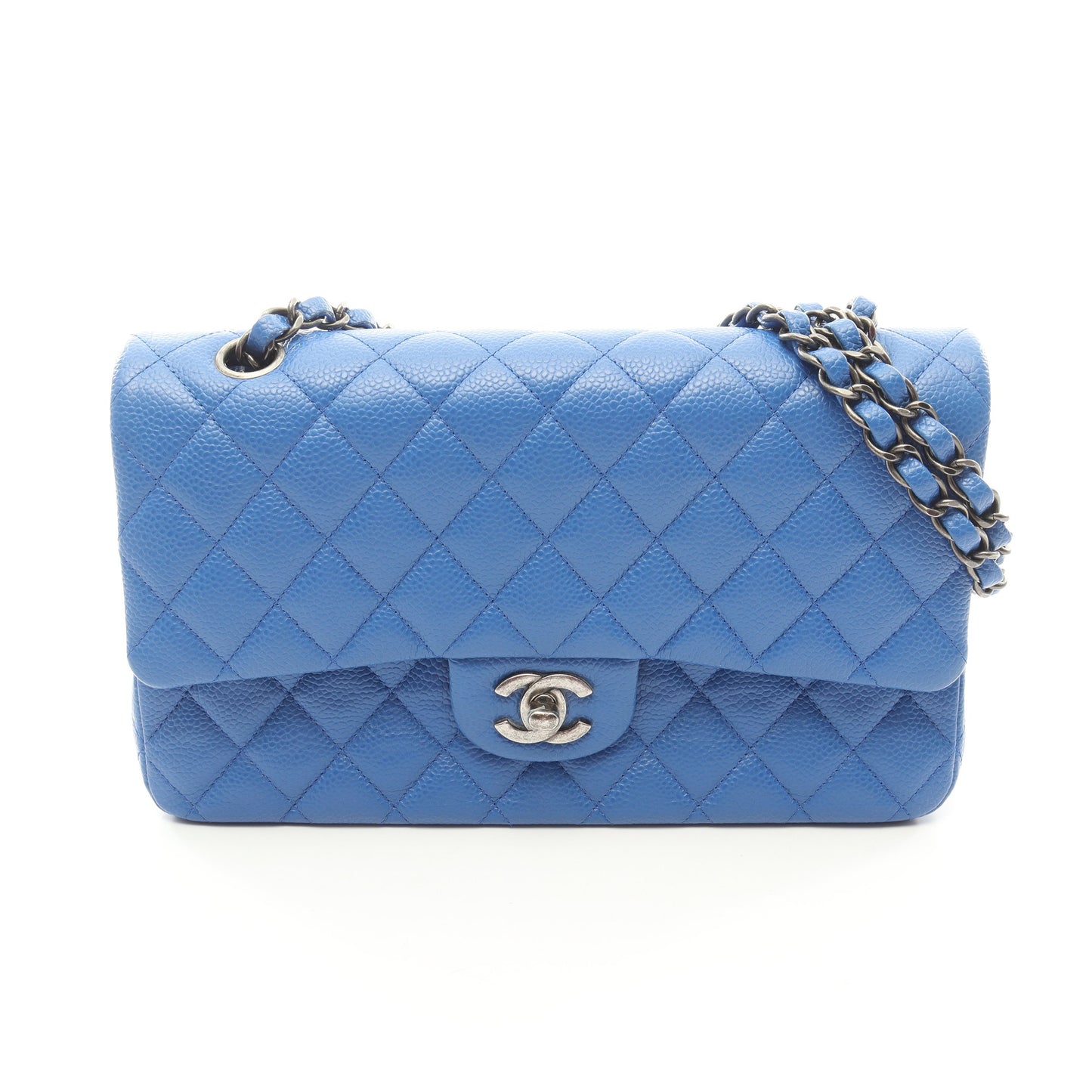 マトラッセ Wフラップ Wチェーンショルダーバッグ キャビアスキン ブルー アンティークシルバー金具 シャネル バッグ CHANEL