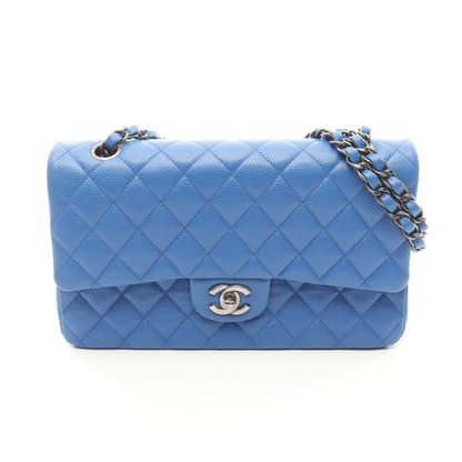 マトラッセ Wフラップ Wチェーンショルダーバッグ キャビアスキン ブルー アンティークシルバー金具 シャネル バッグ CHANEL