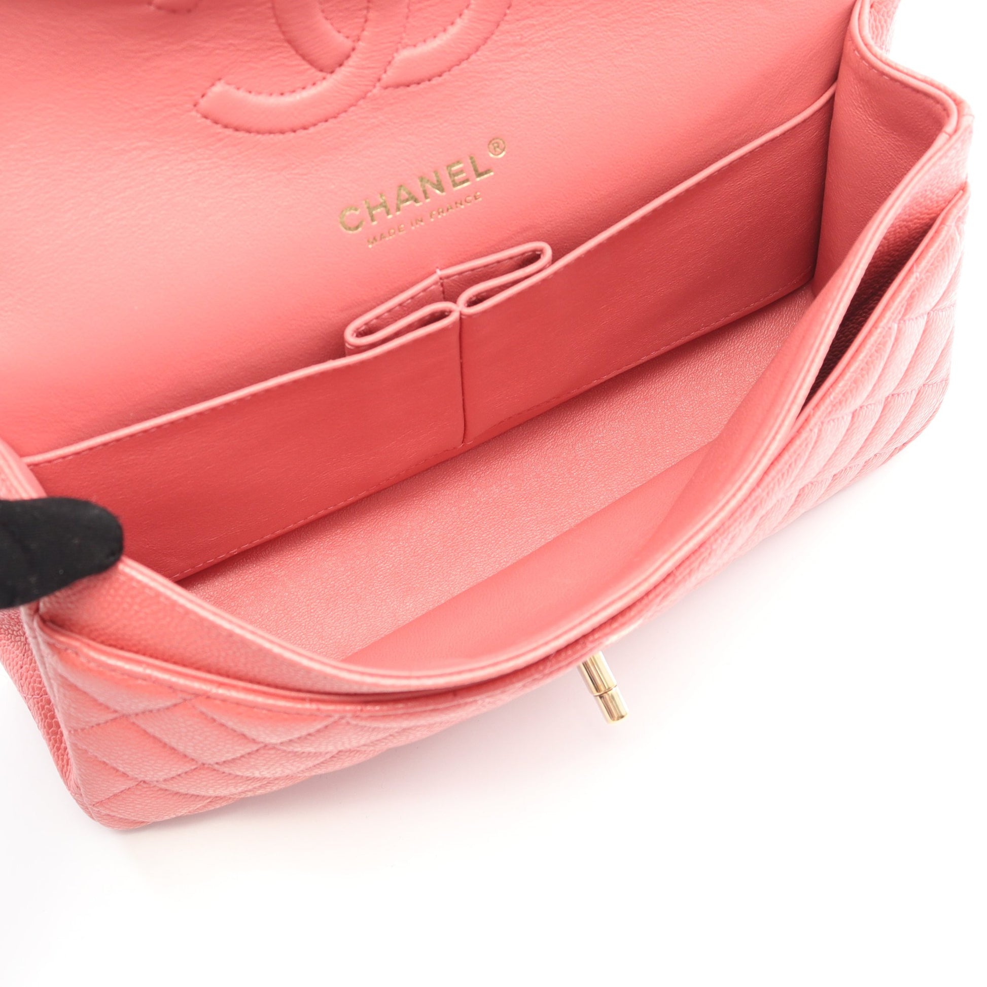 マトラッセ Wフラップ Wチェーンショルダーバッグ キャビアスキン ピンク ゴールド金具 シャネル バッグ CHANEL