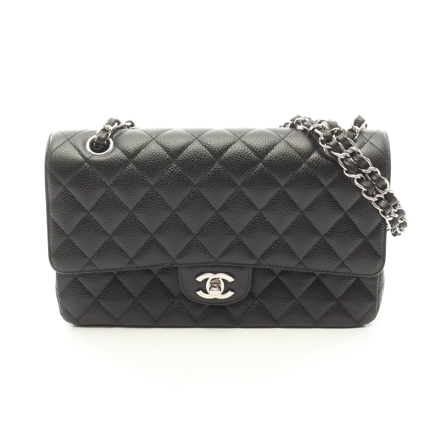 マトラッセ Wフラップ Wチェーンショルダーバッグ キャビアスキン ブラック シルバー金具 シャネル バッグ CHANEL