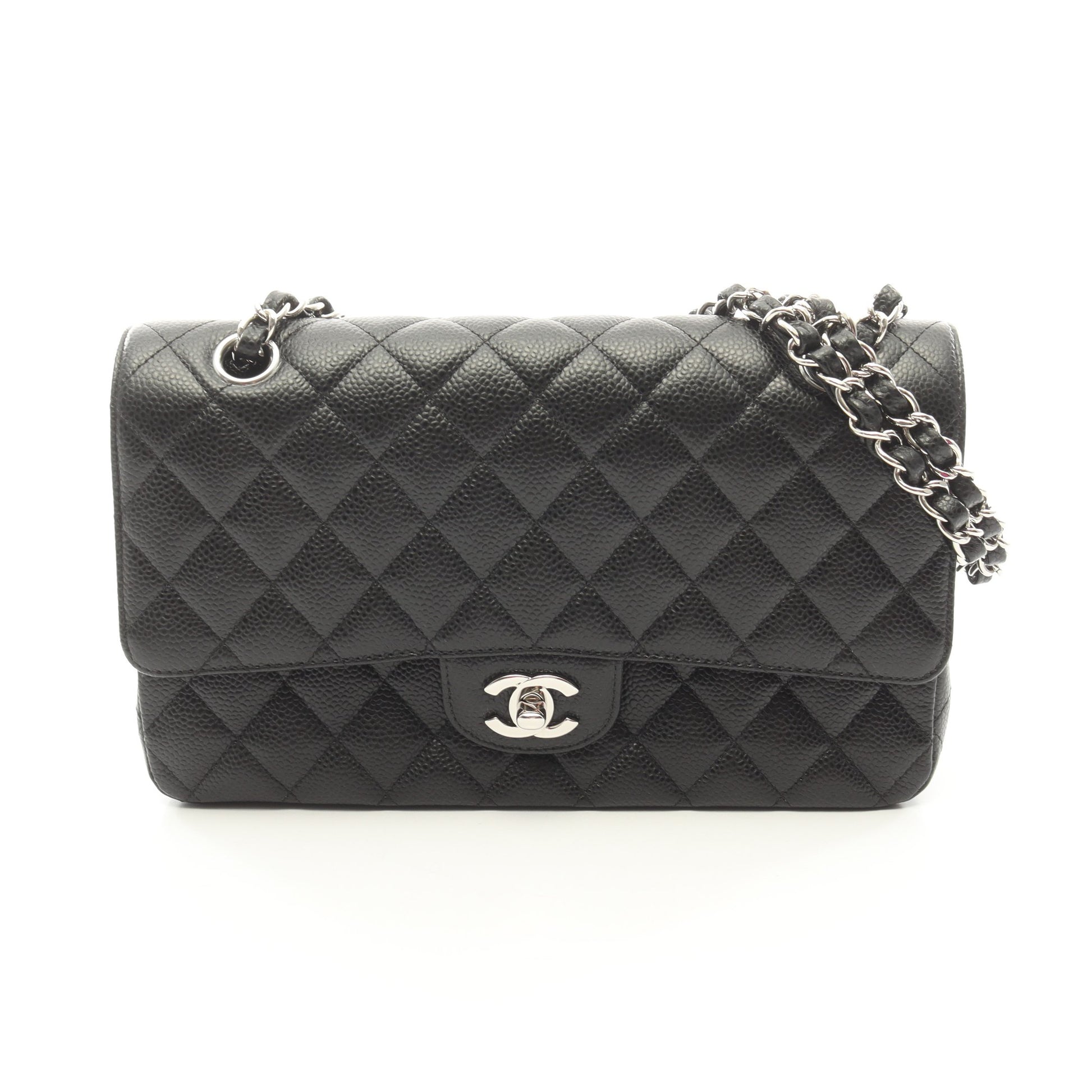 マトラッセ Wフラップ Wチェーンショルダーバッグ キャビアスキン ブラック シルバー金具 シャネル バッグ CHANEL