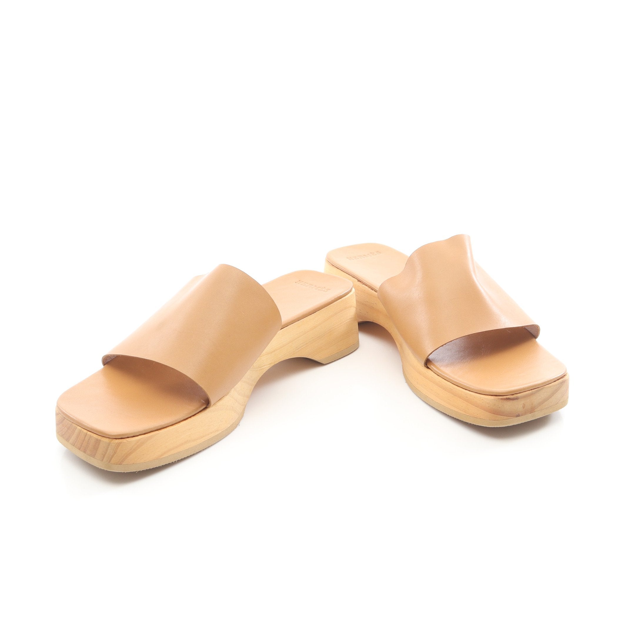 スライドサンダル レザー ライトブラウン ウッドソール エルメス – RECLO