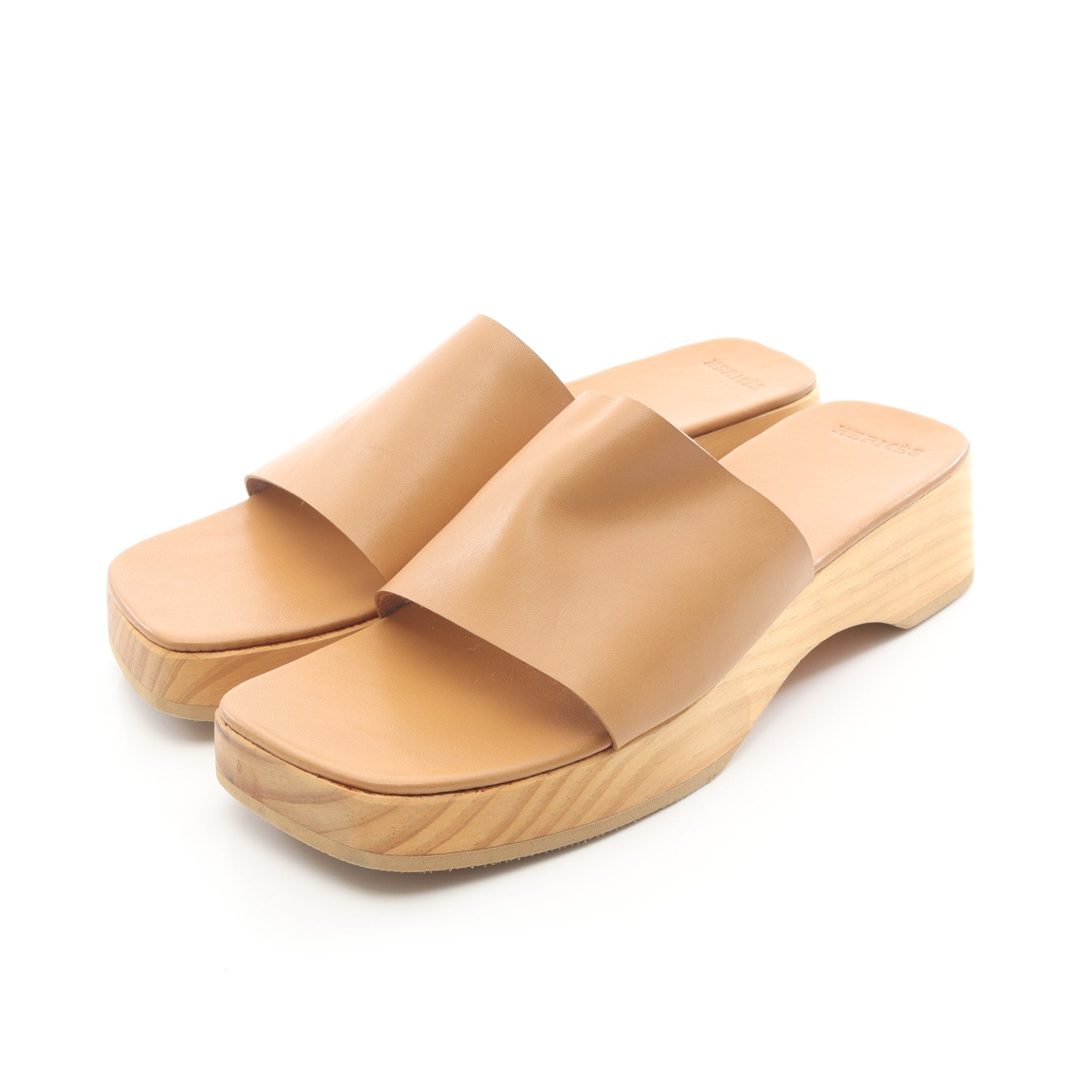 スライドサンダル レザー ライトブラウン ウッドソール エルメス – RECLO