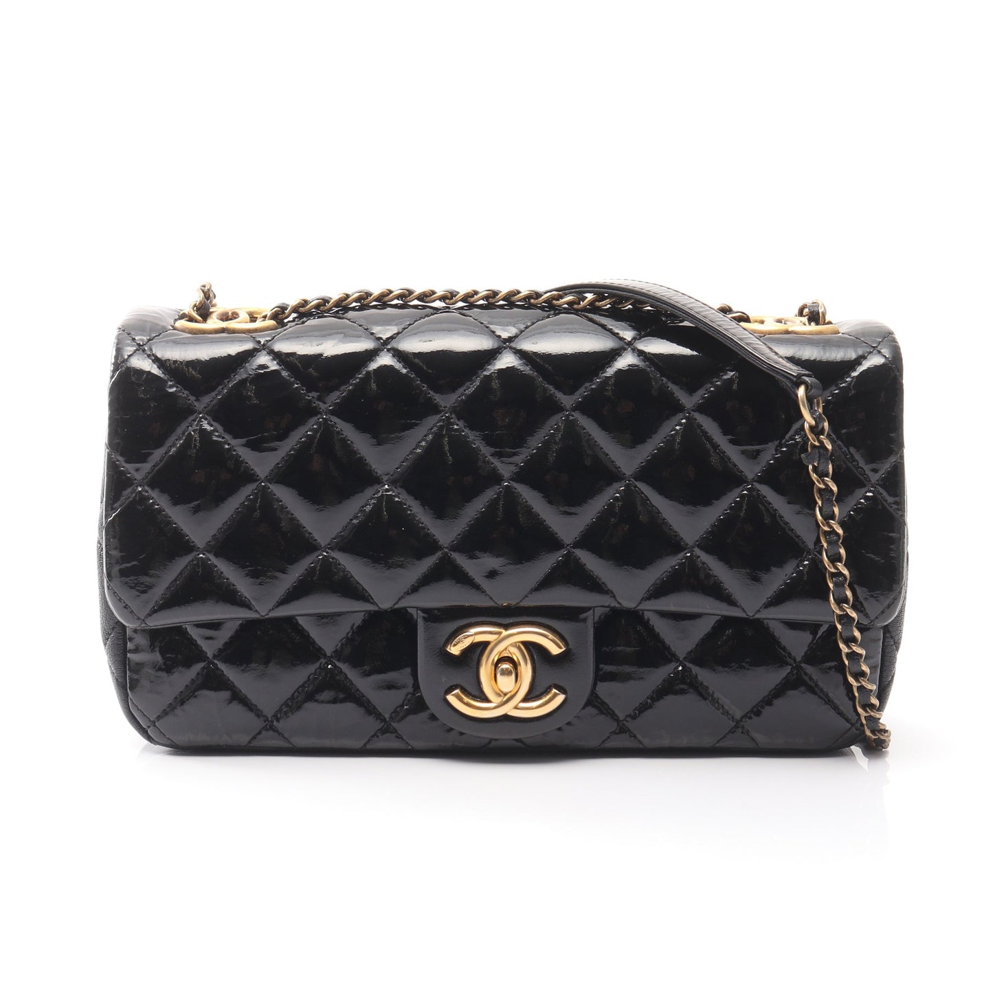 マトラッセ Wチェーンショルダーバッグ エナメルレザー レザー ブラック ゴールド金具 シャネル バッグ CHANEL