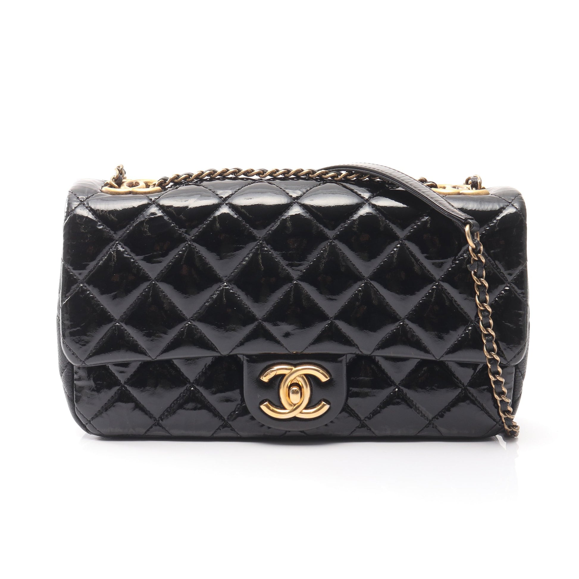 マトラッセ Wチェーンショルダーバッグ エナメルレザー レザー ブラック ゴールド金具 シャネル バッグ CHANEL