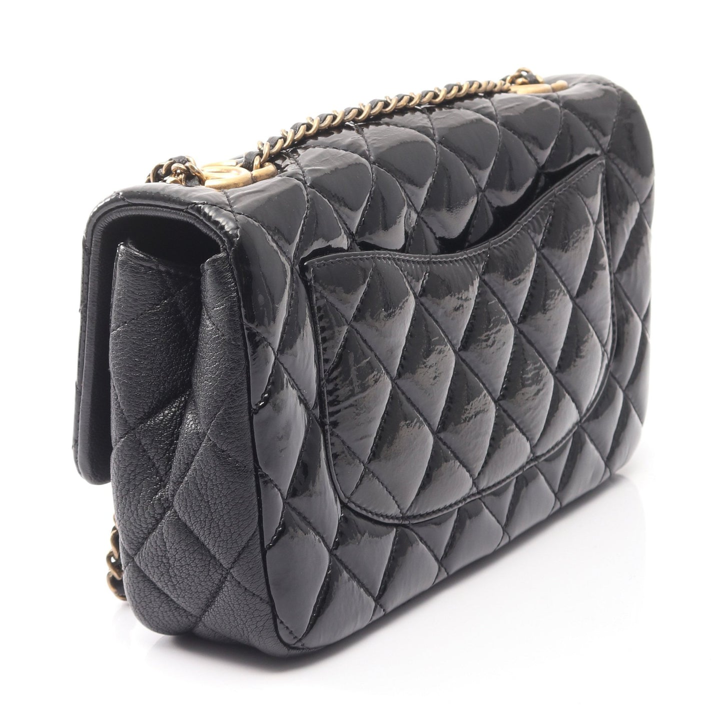 マトラッセ Wチェーンショルダーバッグ エナメルレザー レザー ブラック ゴールド金具 シャネル バッグ CHANEL