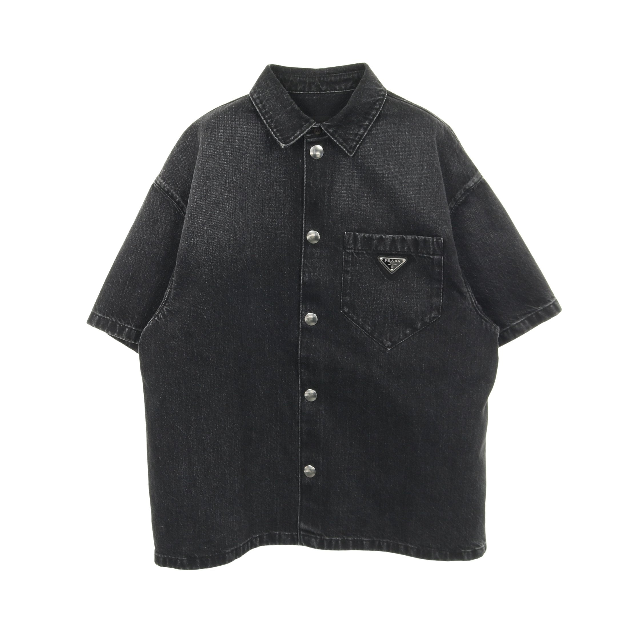 トライアングルロゴ デニムシャツ 半袖 コットン ブラック ユーズド