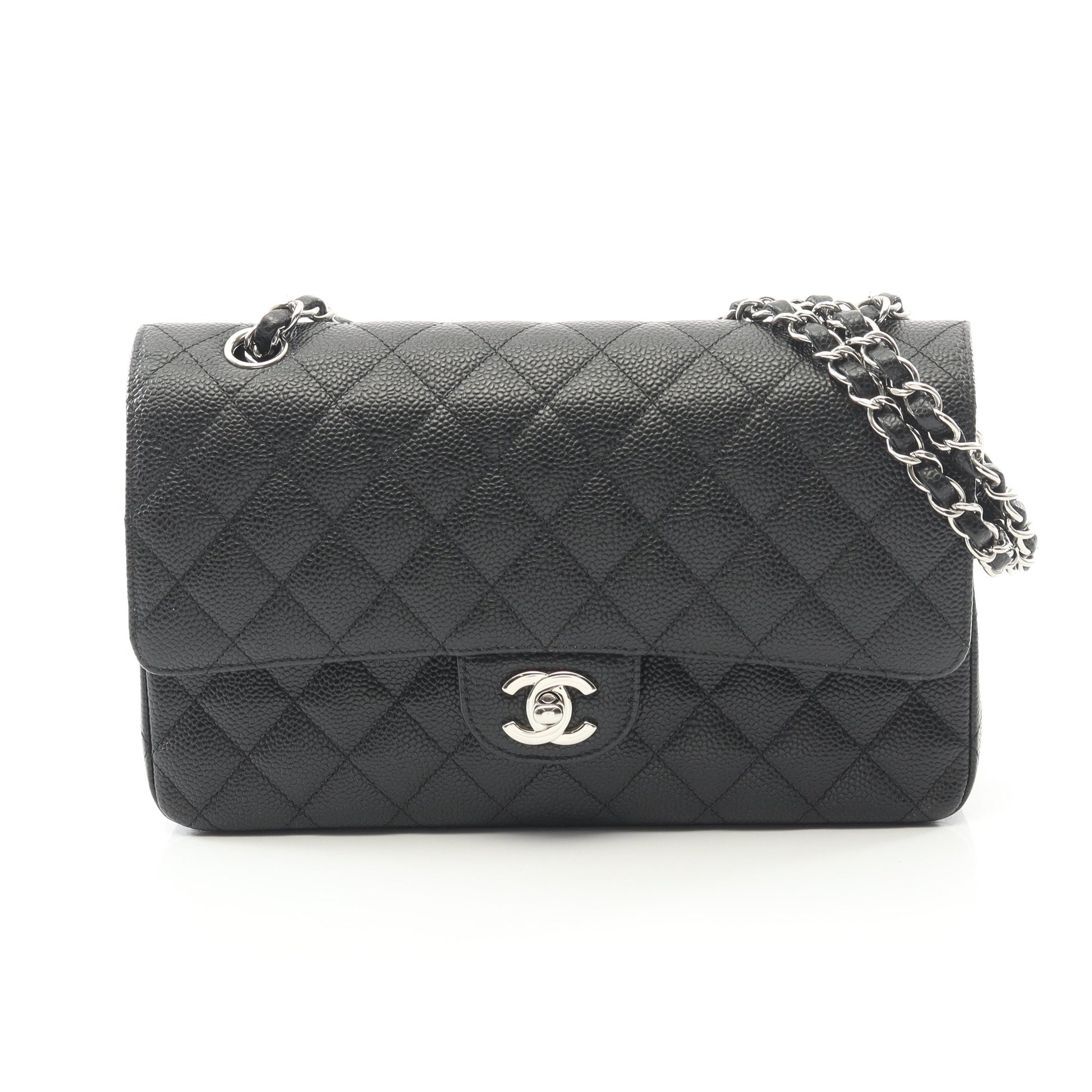 マトラッセ Wフラップ Wチェーンショルダーバッグ キャビアスキン ブラック シルバー金具 シャネル バッグ CHANEL