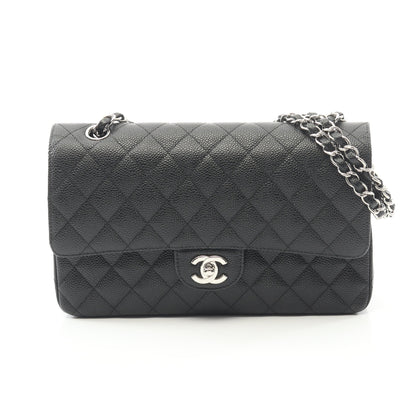 マトラッセ Wフラップ Wチェーンショルダーバッグ キャビアスキン ブラック シルバー金具 シャネル バッグ CHANEL