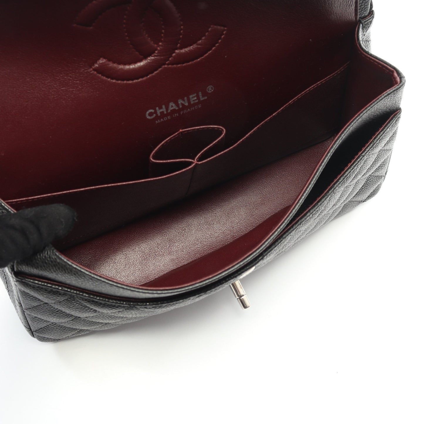 マトラッセ Wフラップ Wチェーンショルダーバッグ キャビアスキン ブラック シルバー金具 シャネル バッグ CHANEL