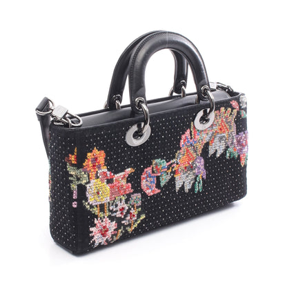 Lady D-Joy ミディアム ハンドバッグ 刺繍 レザー フェルト ブラック マルチカラー 2WAY クリスチャンディオール バッグ Christian Dior
