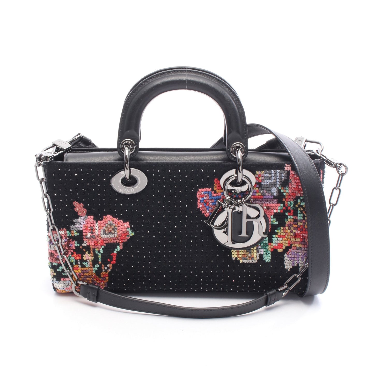 Lady D-Joy ミディアム ハンドバッグ 刺繍 レザー フェルト ブラック マルチカラー 2WAY クリスチャンディオール バッグ Christian Dior