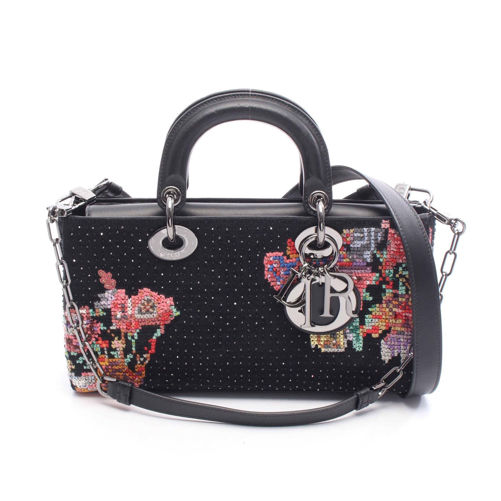 Lady D-Joy ミディアム ハンドバッグ 刺繍 レザー フェルト ブラック マルチカラー 2WAY クリスチャンディオール バッグ Christian Dior