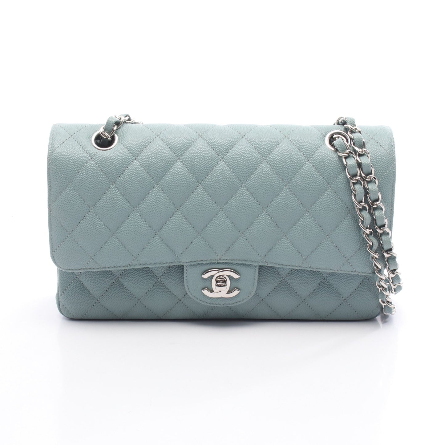 マトラッセ Wフラップ Wチェーンショルダーバッグ キャビアスキン ブルーグレー シルバー金具 シャネル バッグ CHANEL