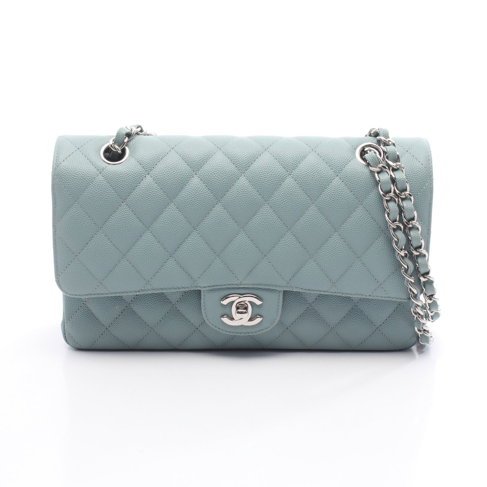 マトラッセ Wフラップ Wチェーンショルダーバッグ キャビアスキン ブルーグレー シルバー金具 シャネル バッグ CHANEL