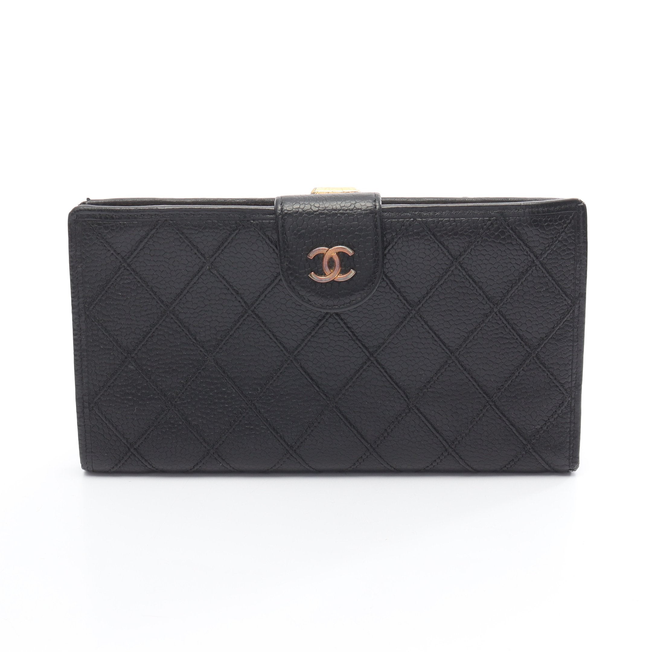 ビコローレ 二つ折り長財布 キャビアスキン ブラック ゴールド金具