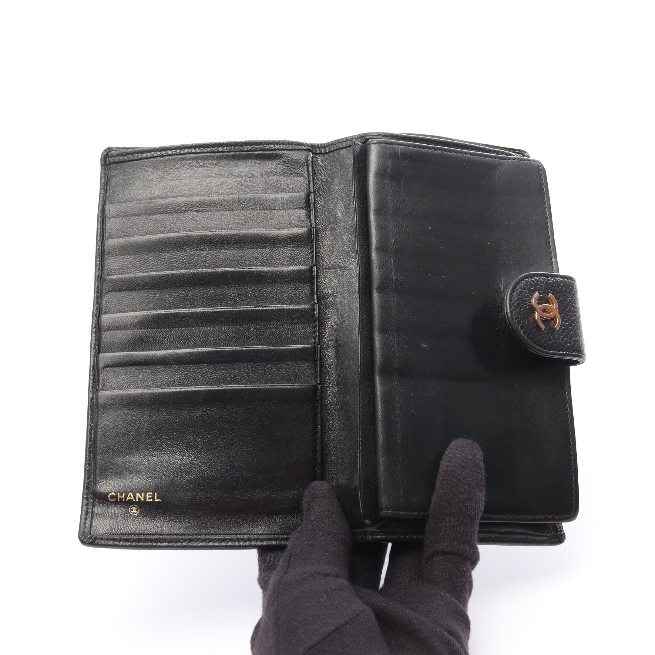 シャネル キャビアスキン がま口 コンパクト ウォレット ブラック ビコローレ シャネル キャビアスキン がま口 コンパクト ウォレット ブラック